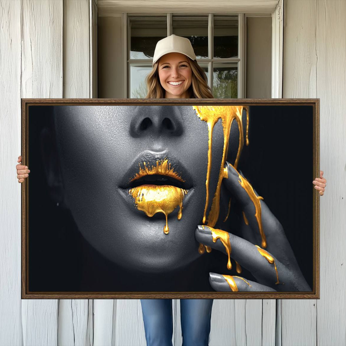 -Gold Glitter Lips Fashion Photography Wall Art Makeup Wall Art, Gold Glitter Lips Wall Art Canvas