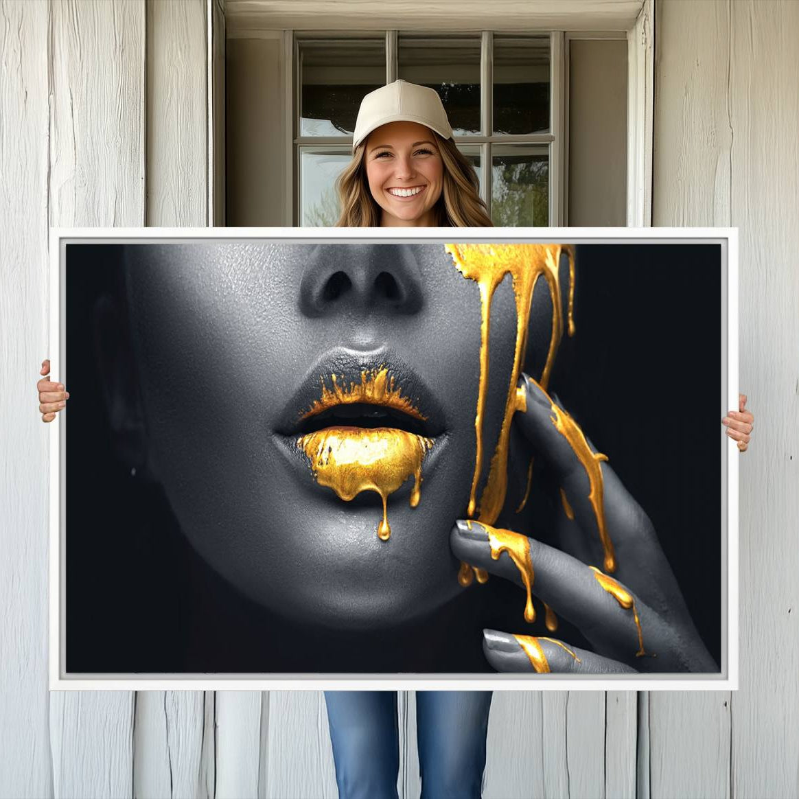 -Gold Glitter Lips Fashion Photography Wall Art Makeup Wall Art, Gold Glitter Lips Wall Art Canvas