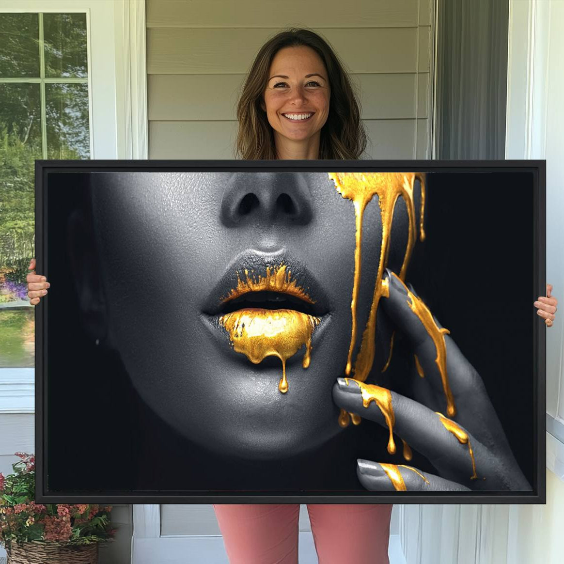 -Gold Glitter Lips Fashion Photography Wall Art Makeup Wall Art, Gold Glitter Lips Wall Art Canvas