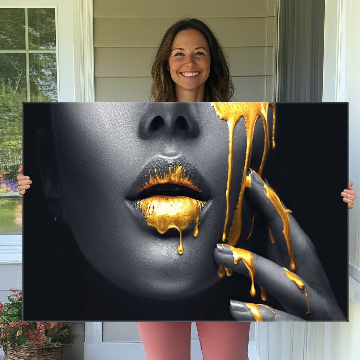-Gold Glitter Lips Fashion Photography Wall Art Makeup Wall Art, Gold Glitter Lips Wall Art Canvas