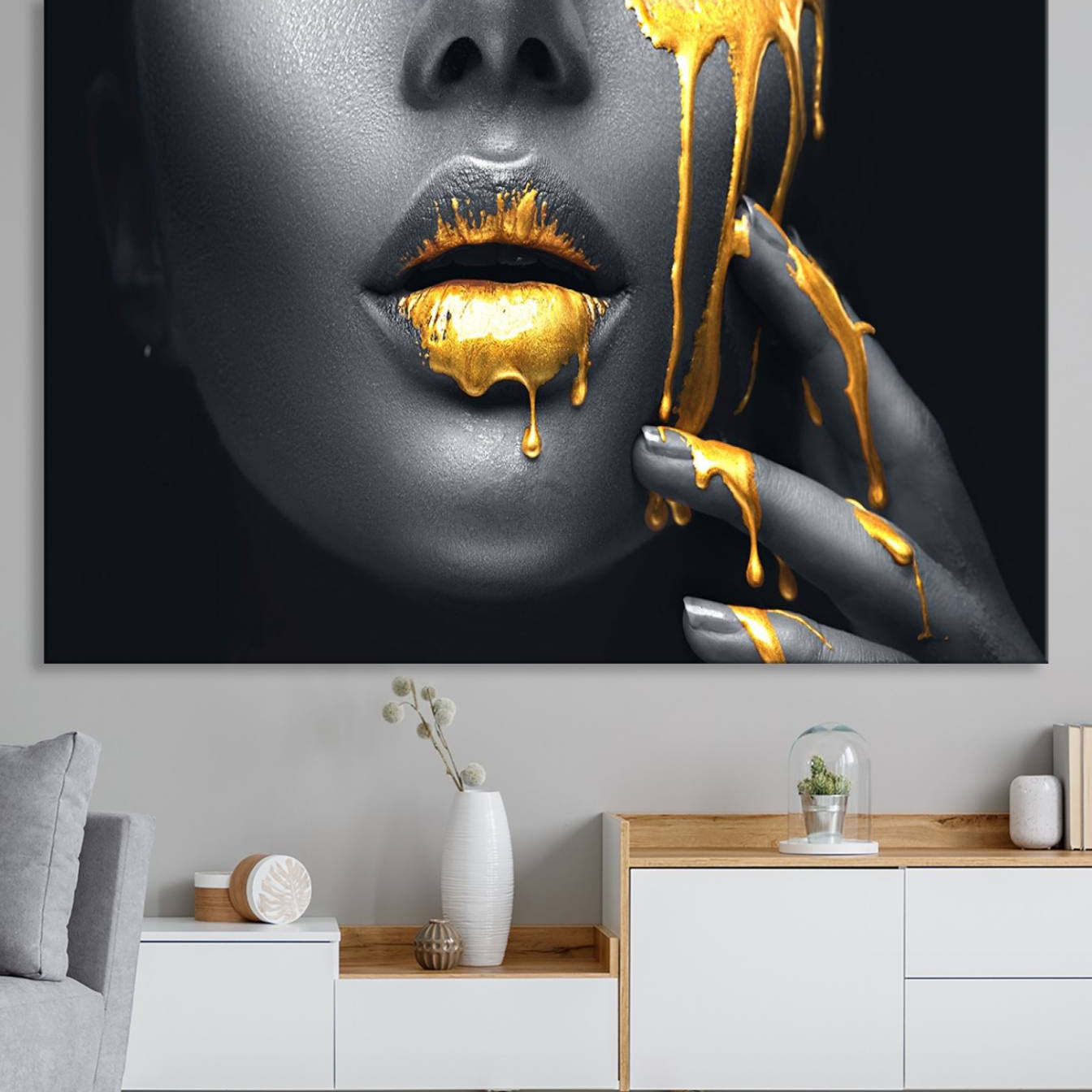 -Gold Glitter Lips Fashion Photography Wall Art Makeup Wall Art, Gold Glitter Lips Wall Art Canvas