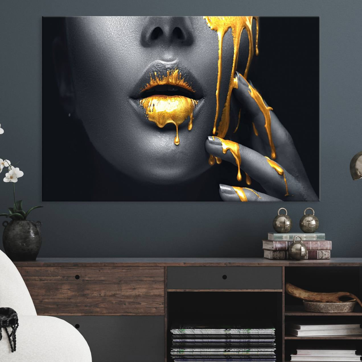-Gold Glitter Lips Fashion Photography Wall Art Makeup Wall Art, Gold Glitter Lips Wall Art Canvas