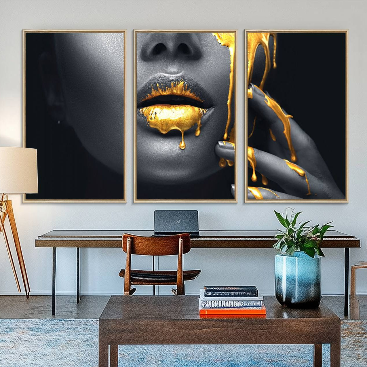 50358-MGV-FC-48X32-3P_Natural-Gold Glitter Lips Fashion Photography Wall Art Makeup Wall Art, Gold Glitter Lips Wall Art Canvas