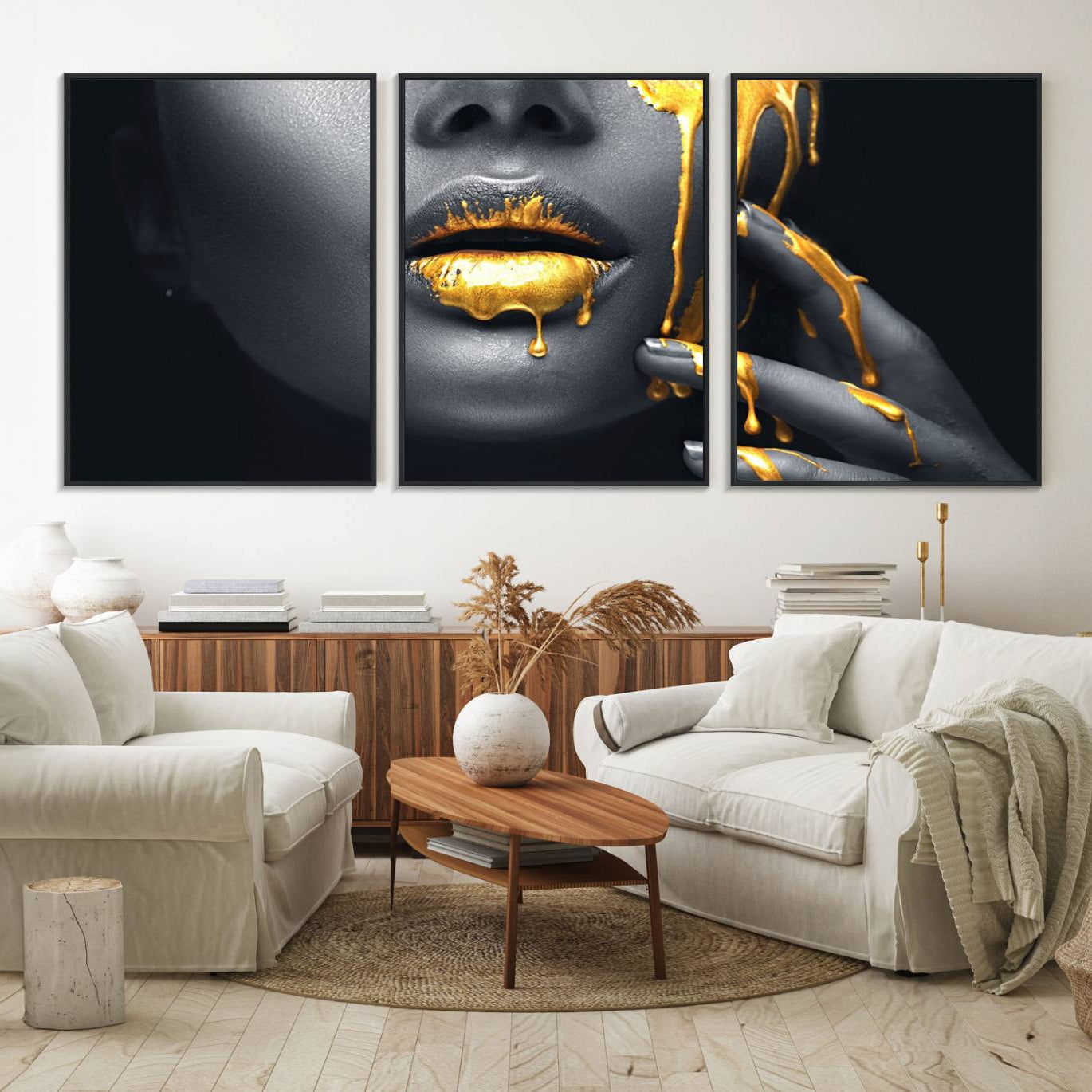 50358-MGV-FC-60X30-3P_Black-Gold Glitter Lips Fashion Photography Wall Art Makeup Wall Art, Gold Glitter Lips Wall Art Canvas