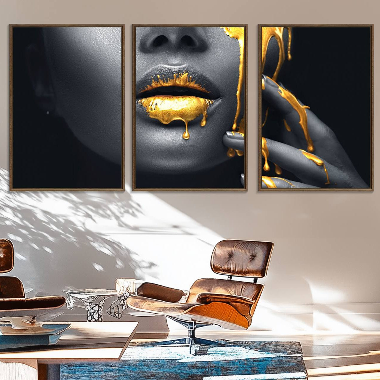 50358-MGV-FC-60X30-3P_Walnut-Gold Glitter Lips Fashion Photography Wall Art Makeup Wall Art, Gold Glitter Lips Wall Art Canvas