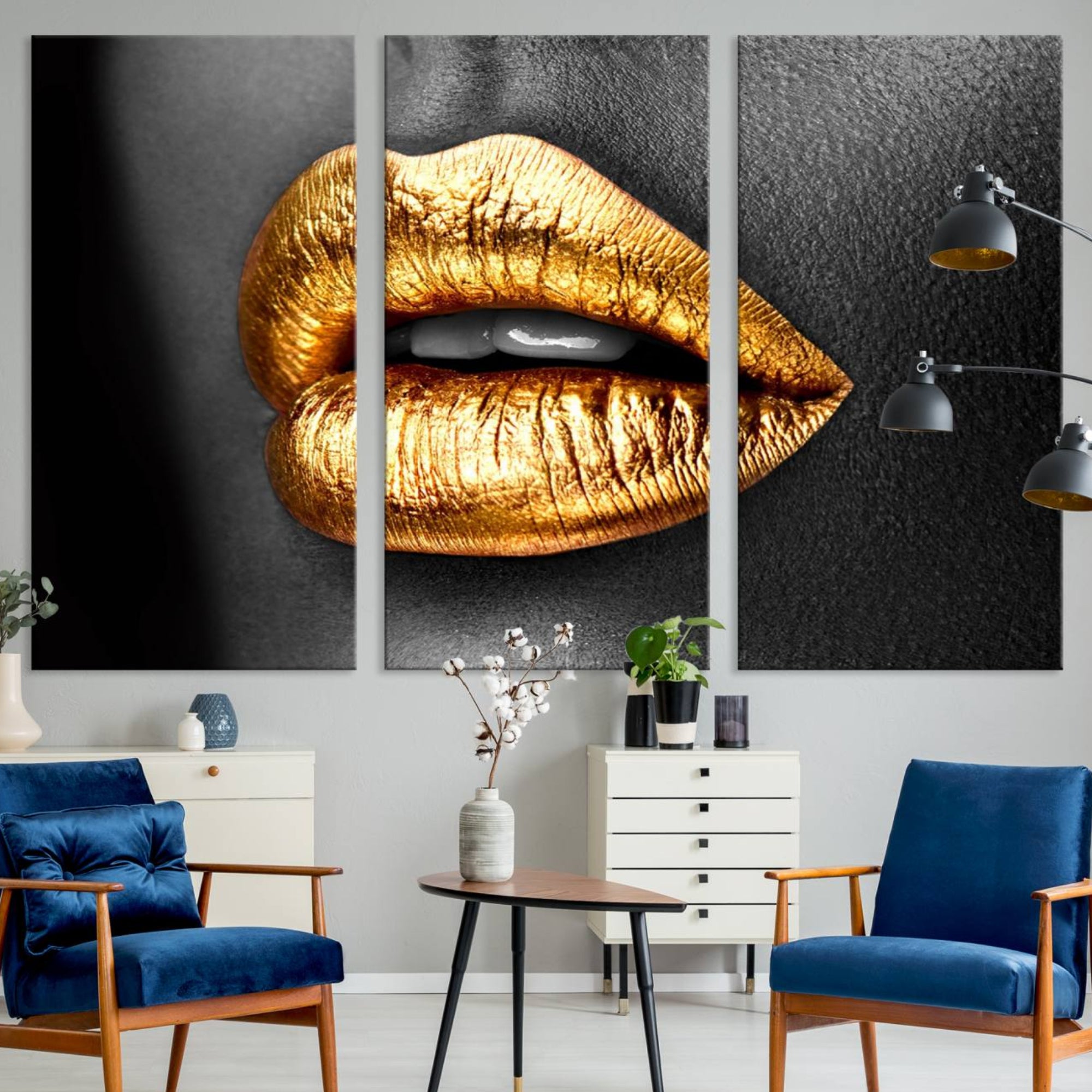 84747-MGV-CV-36X24-Gold Lips Canvas Wall Art Print Makeup Wall Art Fashion Beauty Canvas Print