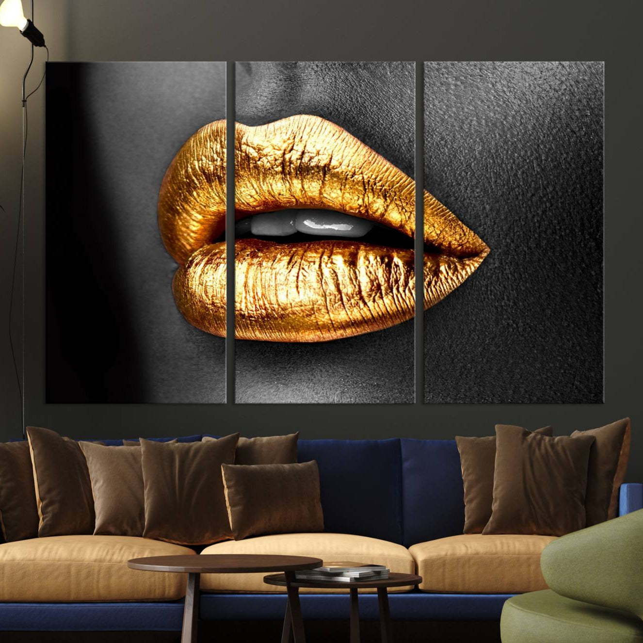 -Gold Lips Canvas Wall Art Print Makeup Wall Art Fashion Beauty Canvas Print