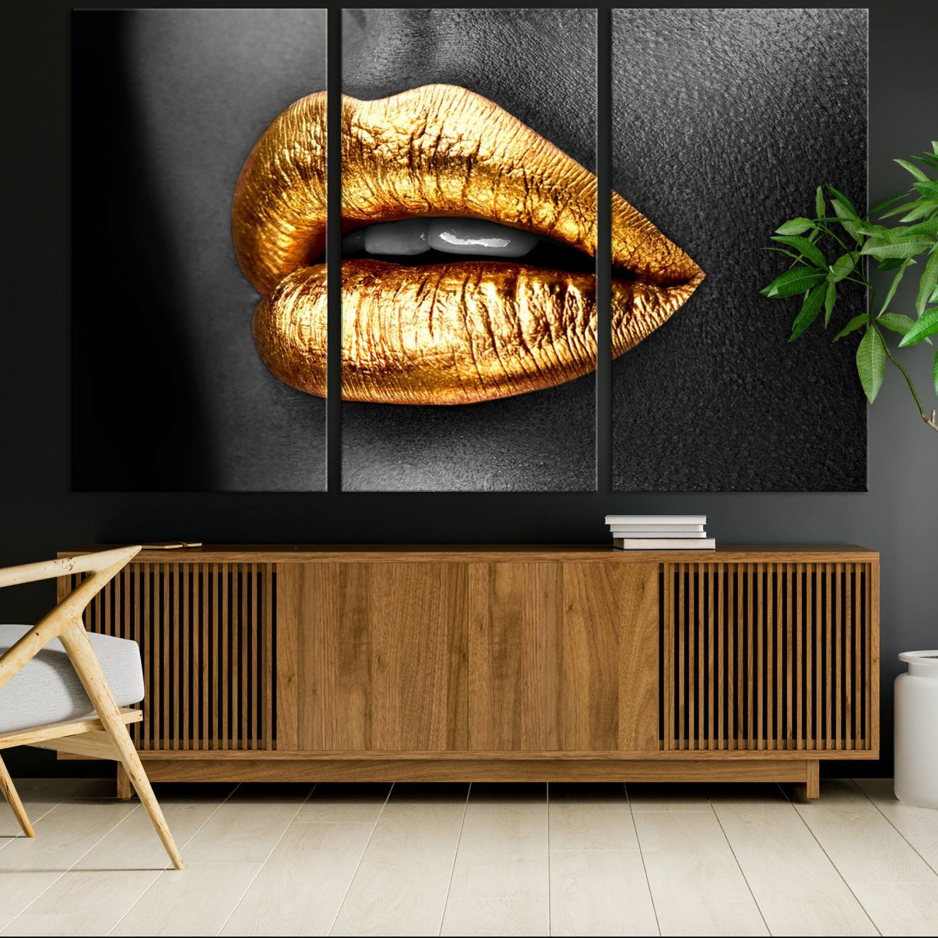 -Gold Lips Canvas Wall Art Print Makeup Wall Art Fashion Beauty Canvas Print