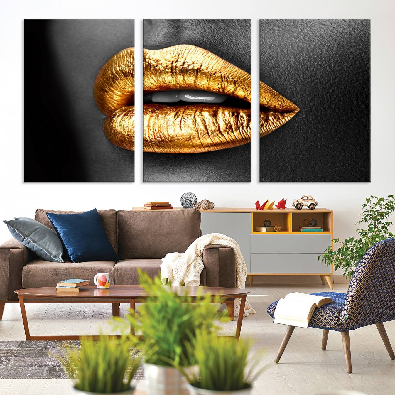 -Gold Lips Canvas Wall Art Print Makeup Wall Art Fashion Beauty Canvas Print