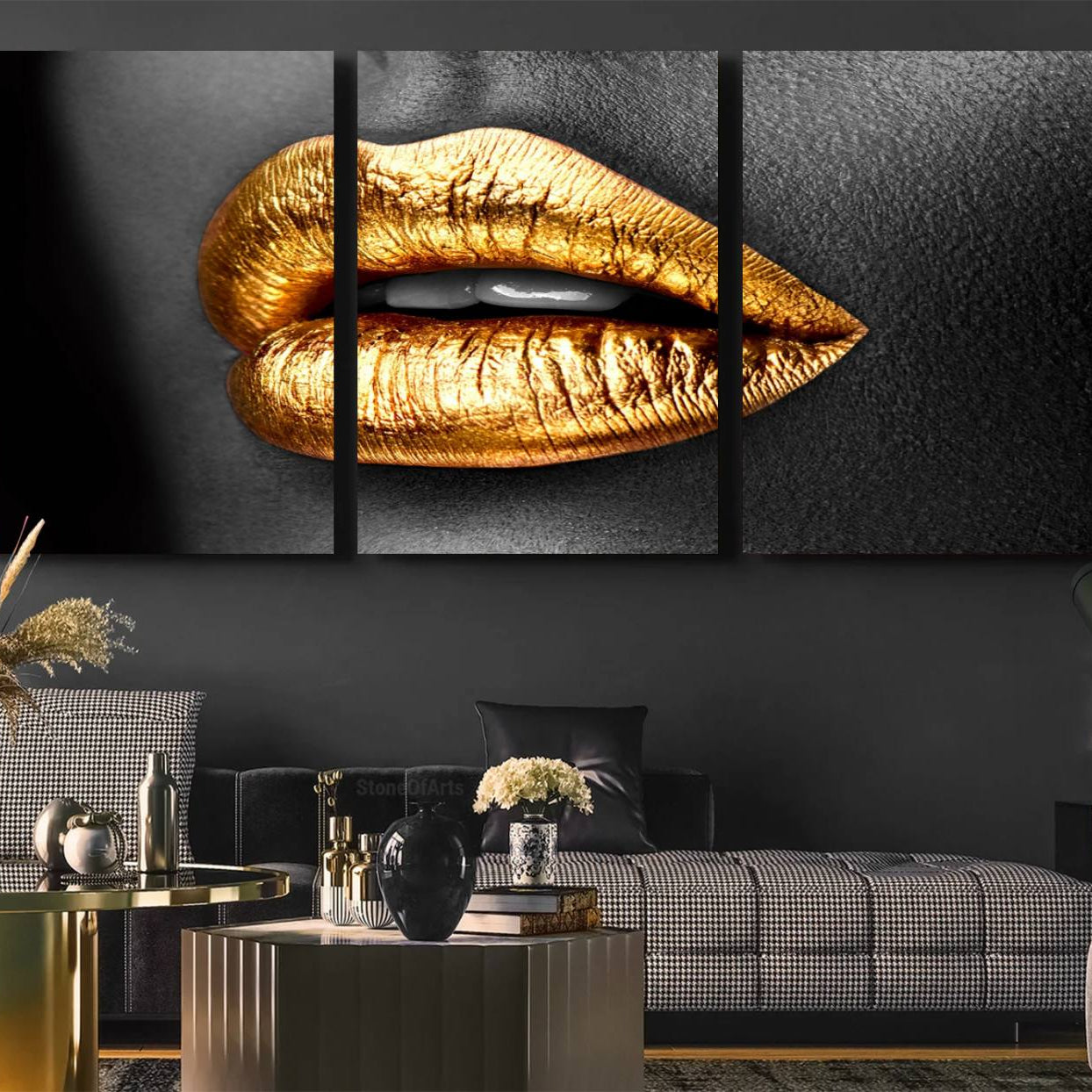 -Gold Lips Canvas Wall Art Print Makeup Wall Art Fashion Beauty Canvas Print
