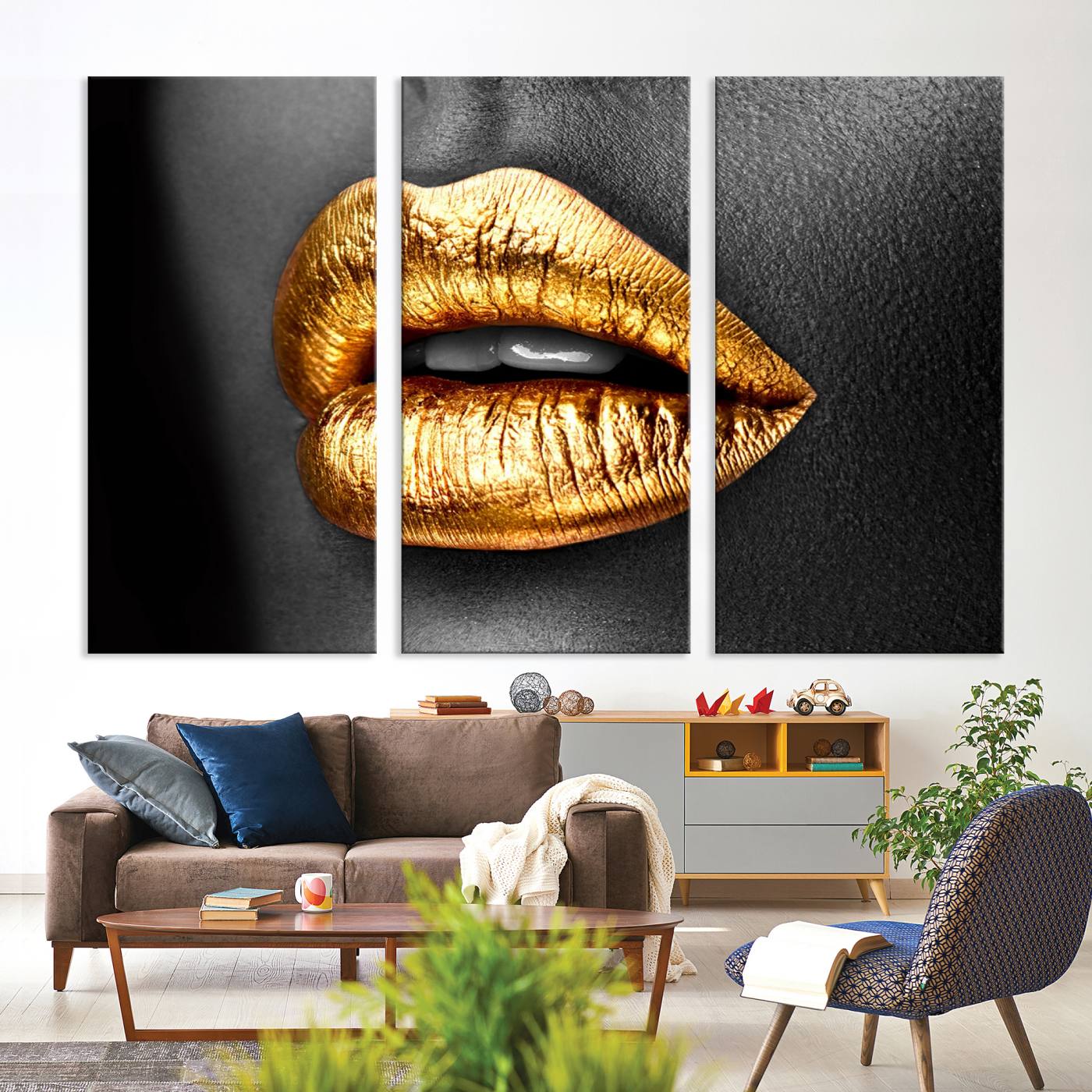 -Gold Lips Canvas Wall Art Print Makeup Wall Art Fashion Beauty Canvas Print