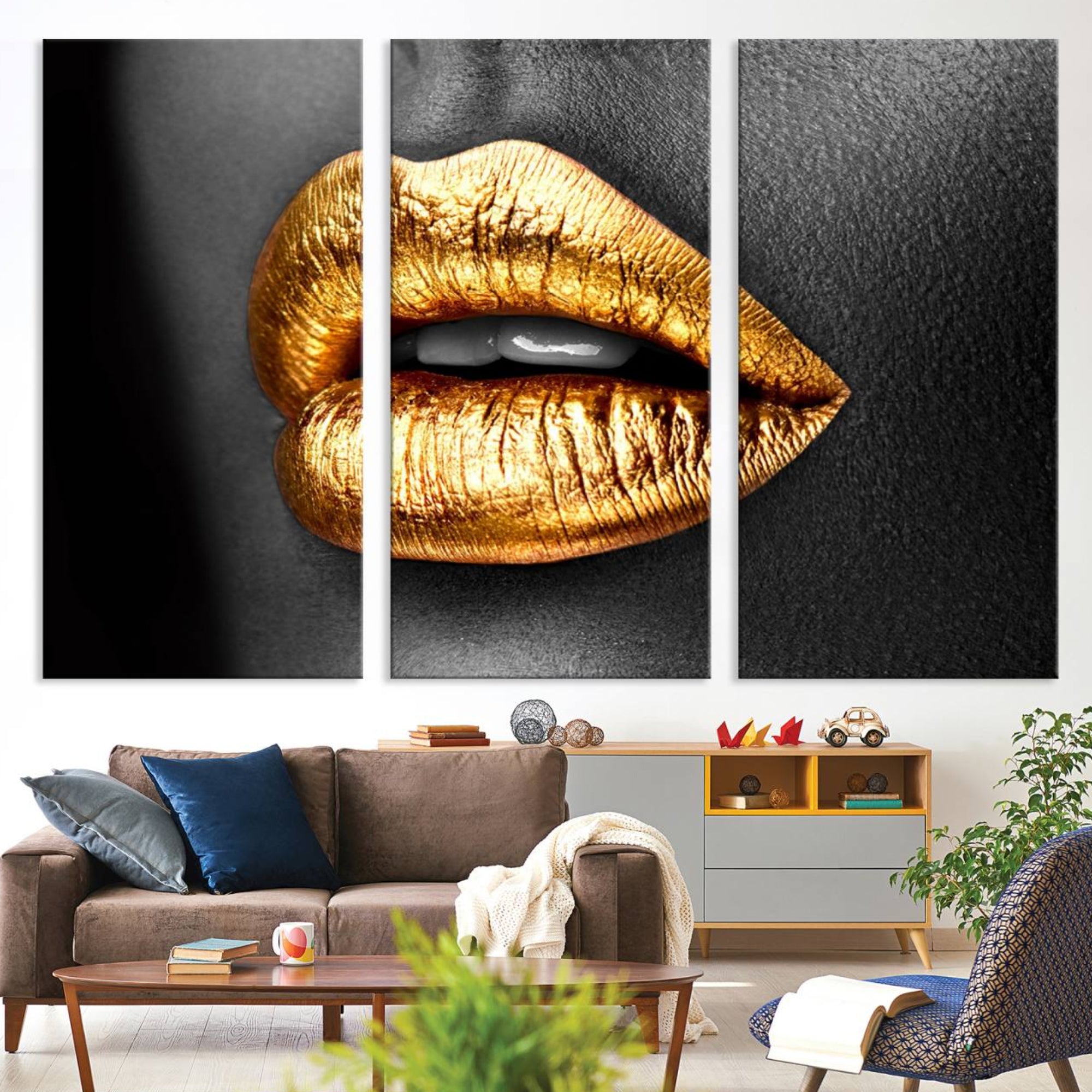 84747-MGV-CV-36X24-Gold Lips Canvas Wall Art Print Makeup Wall Art Fashion Beauty Canvas Print