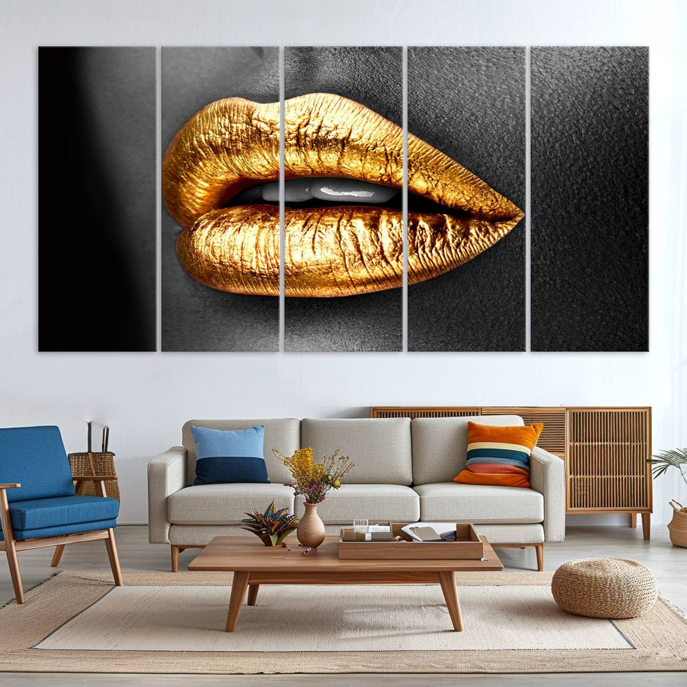 -Gold Lips Canvas Wall Art Print Makeup Wall Art Fashion Beauty Canvas Print