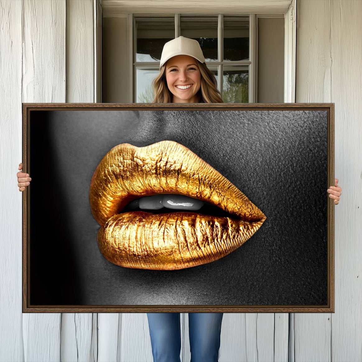 -Gold Lips Canvas Wall Art Print Makeup Wall Art Fashion Beauty Canvas Print