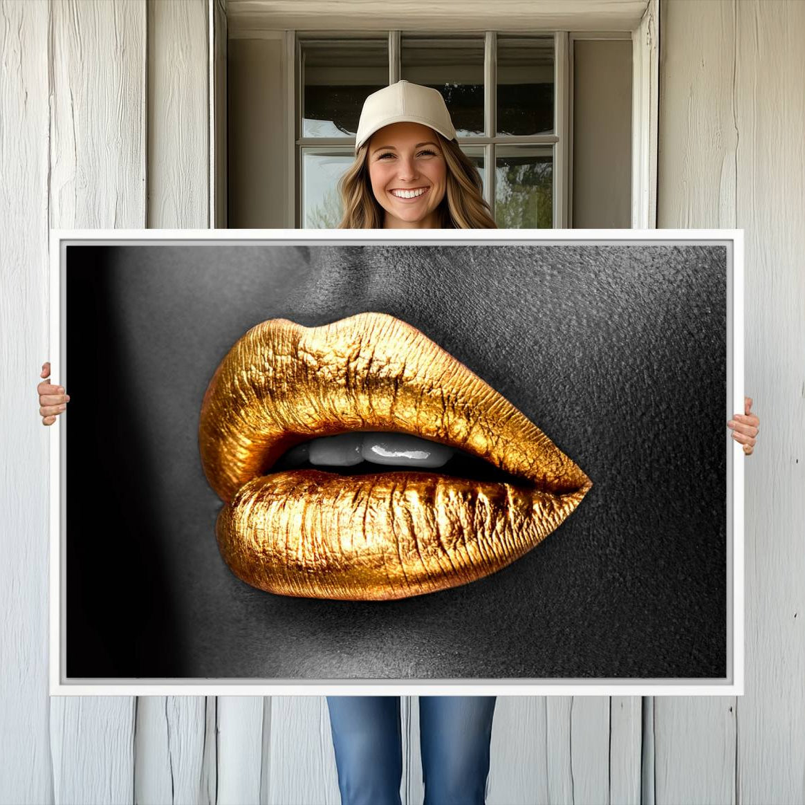 -Gold Lips Canvas Wall Art Print Makeup Wall Art Fashion Beauty Canvas Print