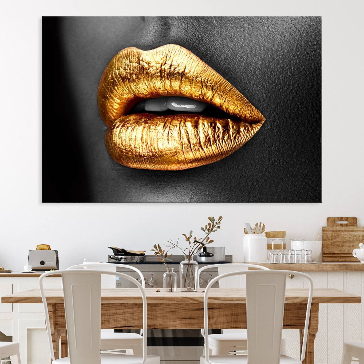 84747-MGV-CV-36X24-Gold Lips Canvas Wall Art Print Makeup Wall Art Fashion Beauty Canvas Print