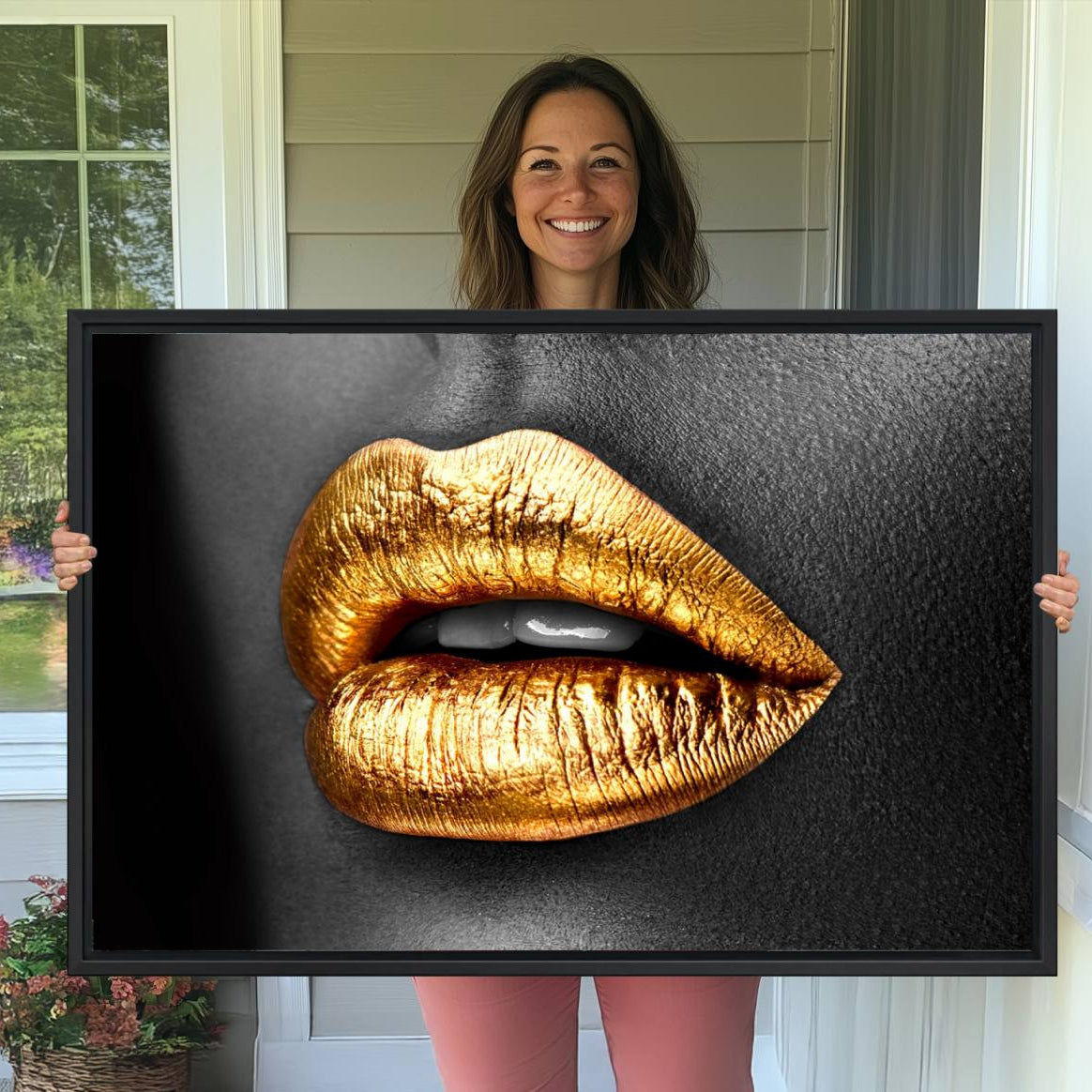 -Gold Lips Canvas Wall Art Print Makeup Wall Art Fashion Beauty Canvas Print