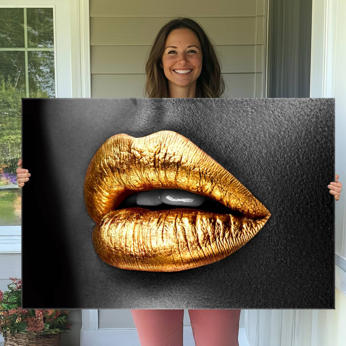 84747-MGV-CV-36X24-Gold Lips Canvas Wall Art Print Makeup Wall Art Fashion Beauty Canvas Print