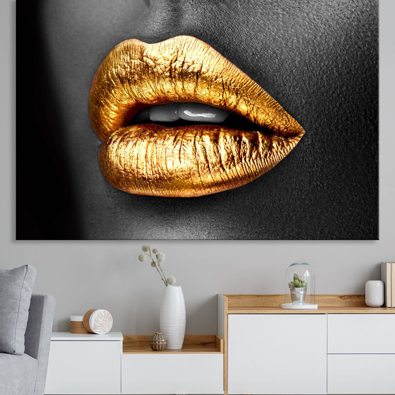84747-MGV-CV-36X24-Gold Lips Canvas Wall Art Print Makeup Wall Art Fashion Beauty Canvas Print