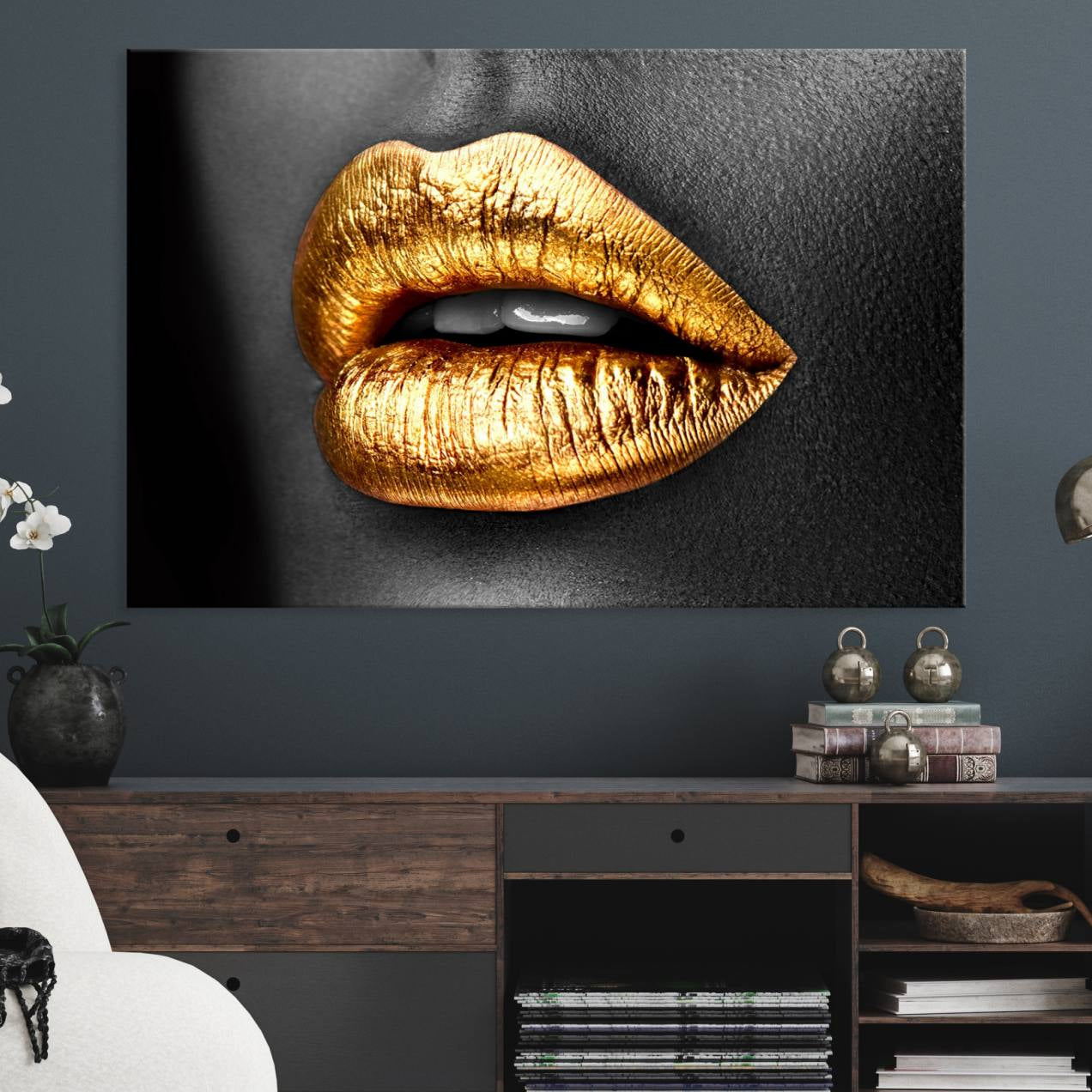 84747-MGV-CV-36X24-Gold Lips Canvas Wall Art Print Makeup Wall Art Fashion Beauty Canvas Print