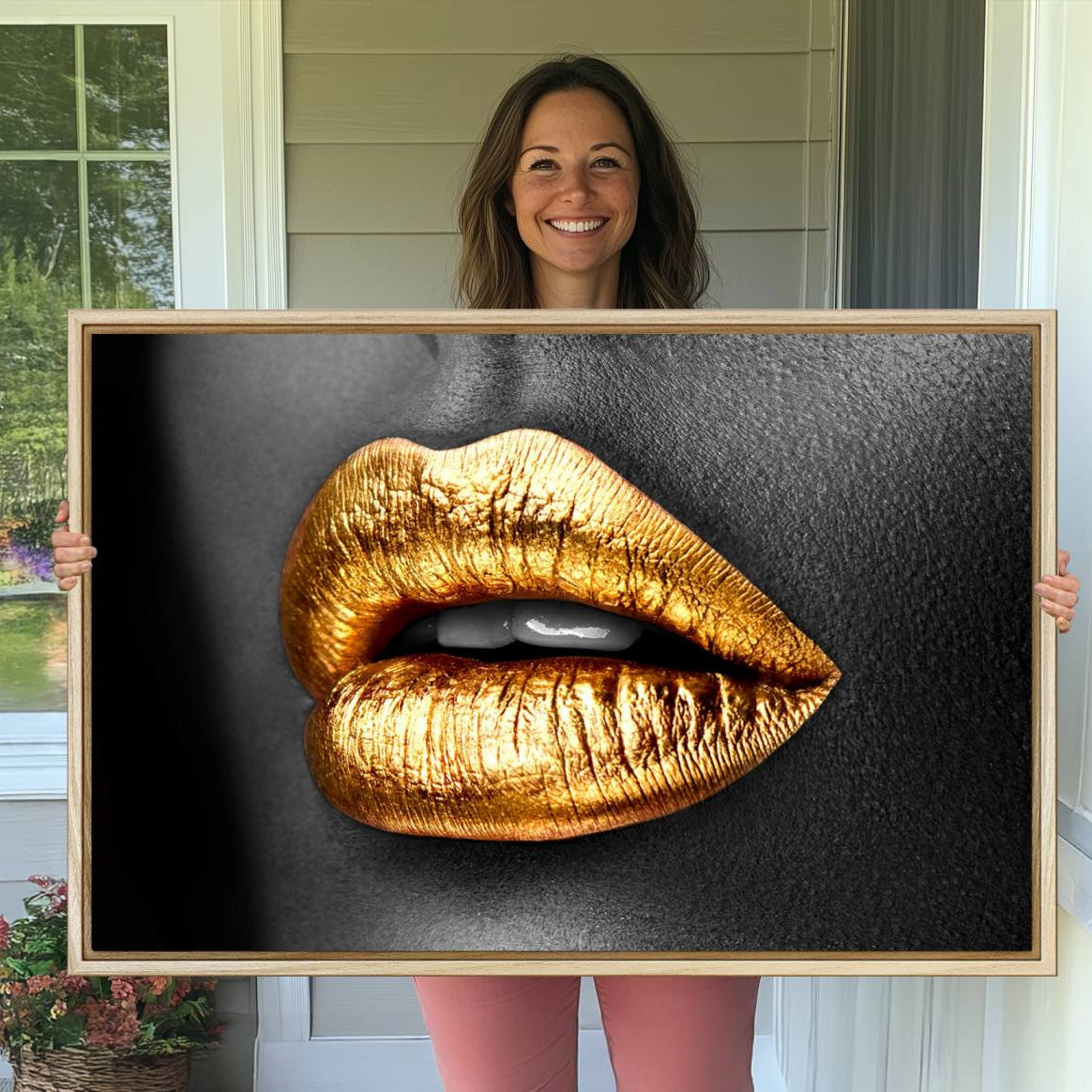 84747-MGV-CV-36X24-Gold Lips Canvas Wall Art Print Makeup Wall Art Fashion Beauty Canvas Print