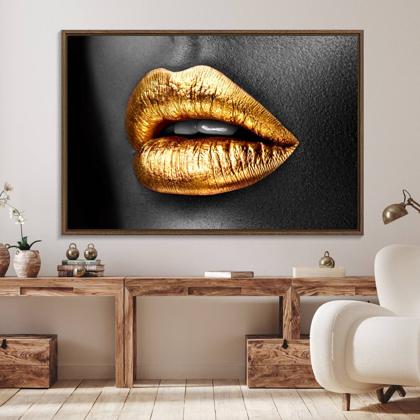 84747-MGV-FC-36X24_Walnut-Gold Lips Canvas Wall Art Print Makeup Wall Art Fashion Beauty Canvas Print