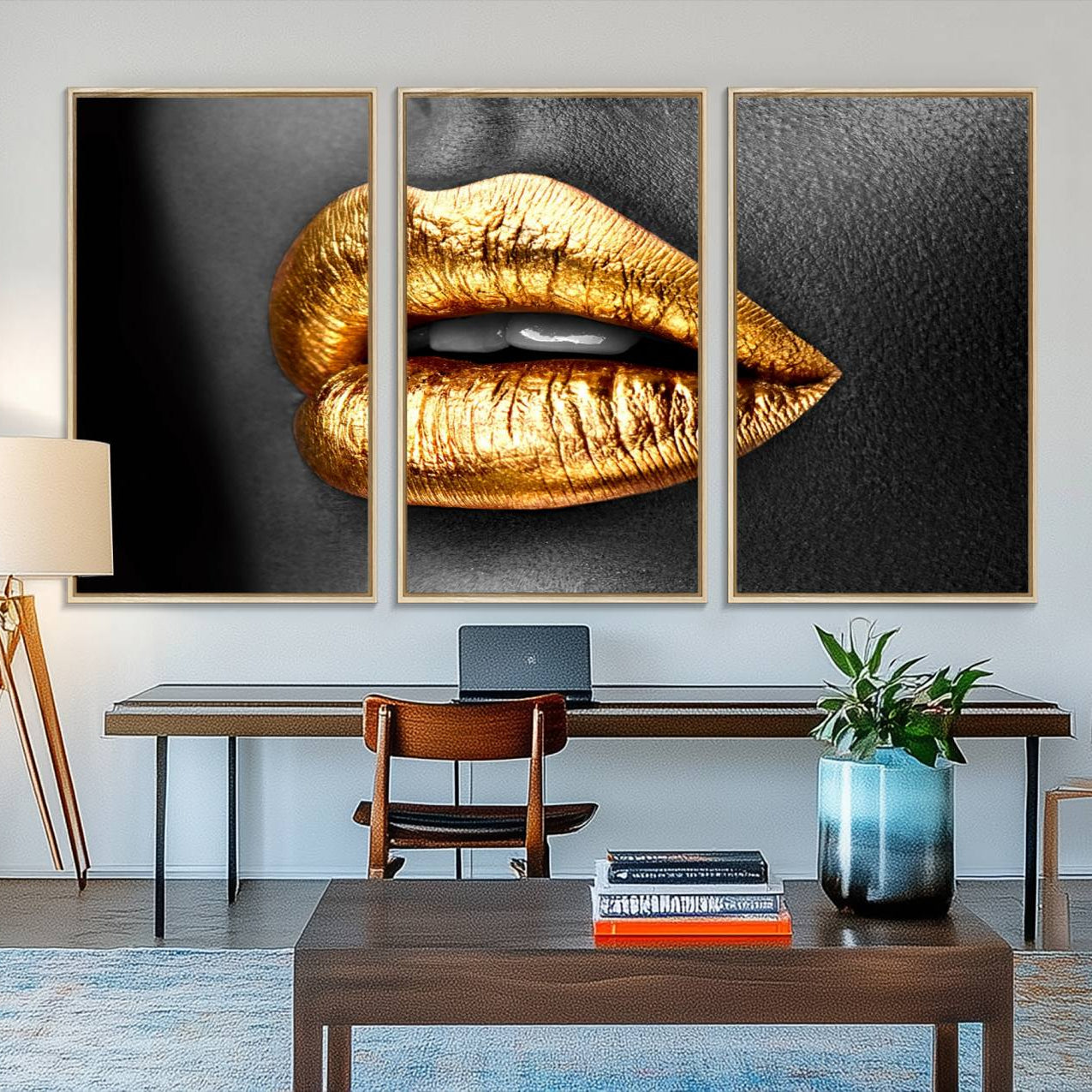 84747-MGV-FC-48X32-3P_Natural-Gold Lips Canvas Wall Art Print Makeup Wall Art Fashion Beauty Canvas Print