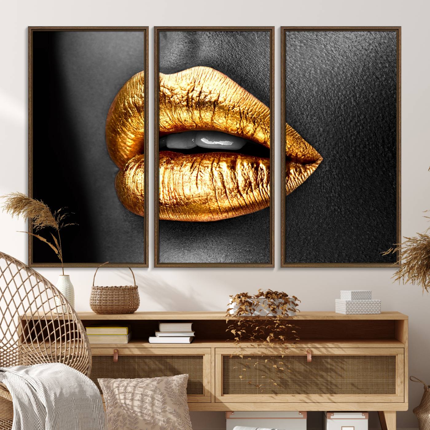 84747-MGV-FC-48X32-3P_Walnut-Gold Lips Canvas Wall Art Print Makeup Wall Art Fashion Beauty Canvas Print