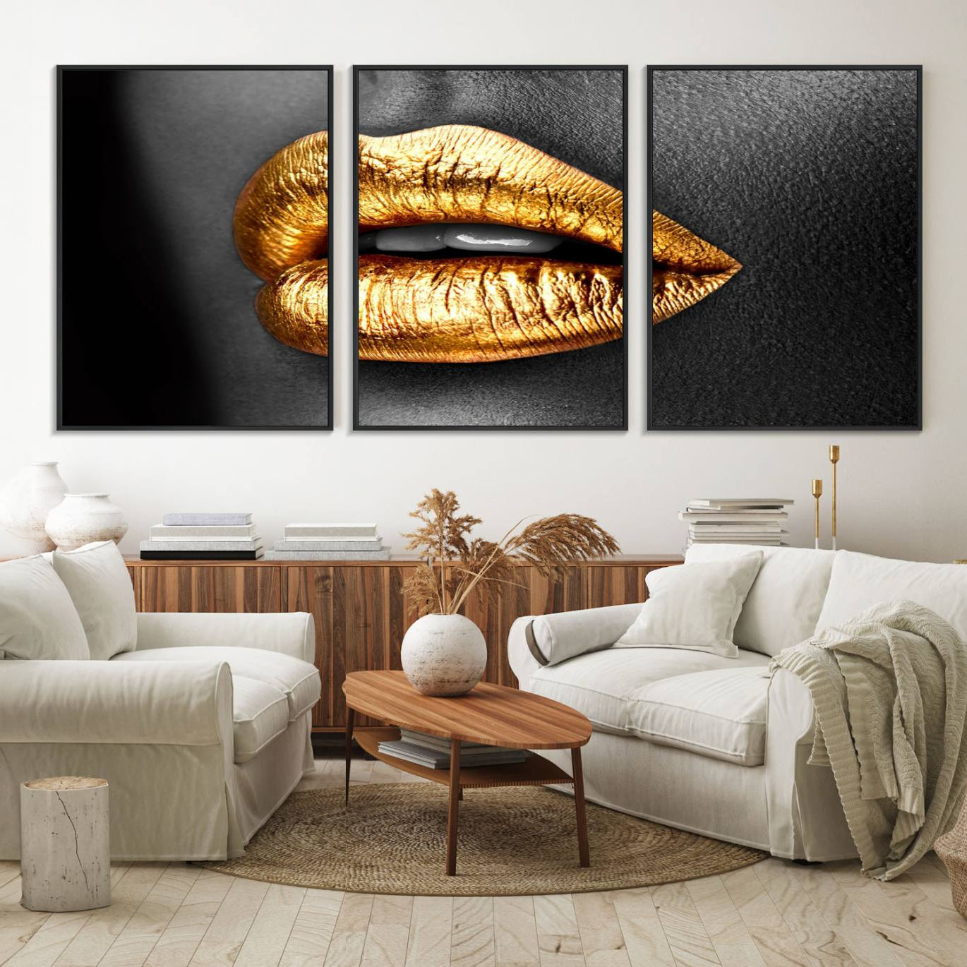 84747-MGV-FC-60X30-3P_Black-Gold Lips Canvas Wall Art Print Makeup Wall Art Fashion Beauty Canvas Print