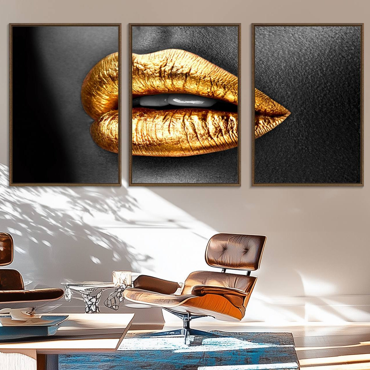 84747-MGV-FC-60X30-3P_Walnut-Gold Lips Canvas Wall Art Print Makeup Wall Art Fashion Beauty Canvas Print