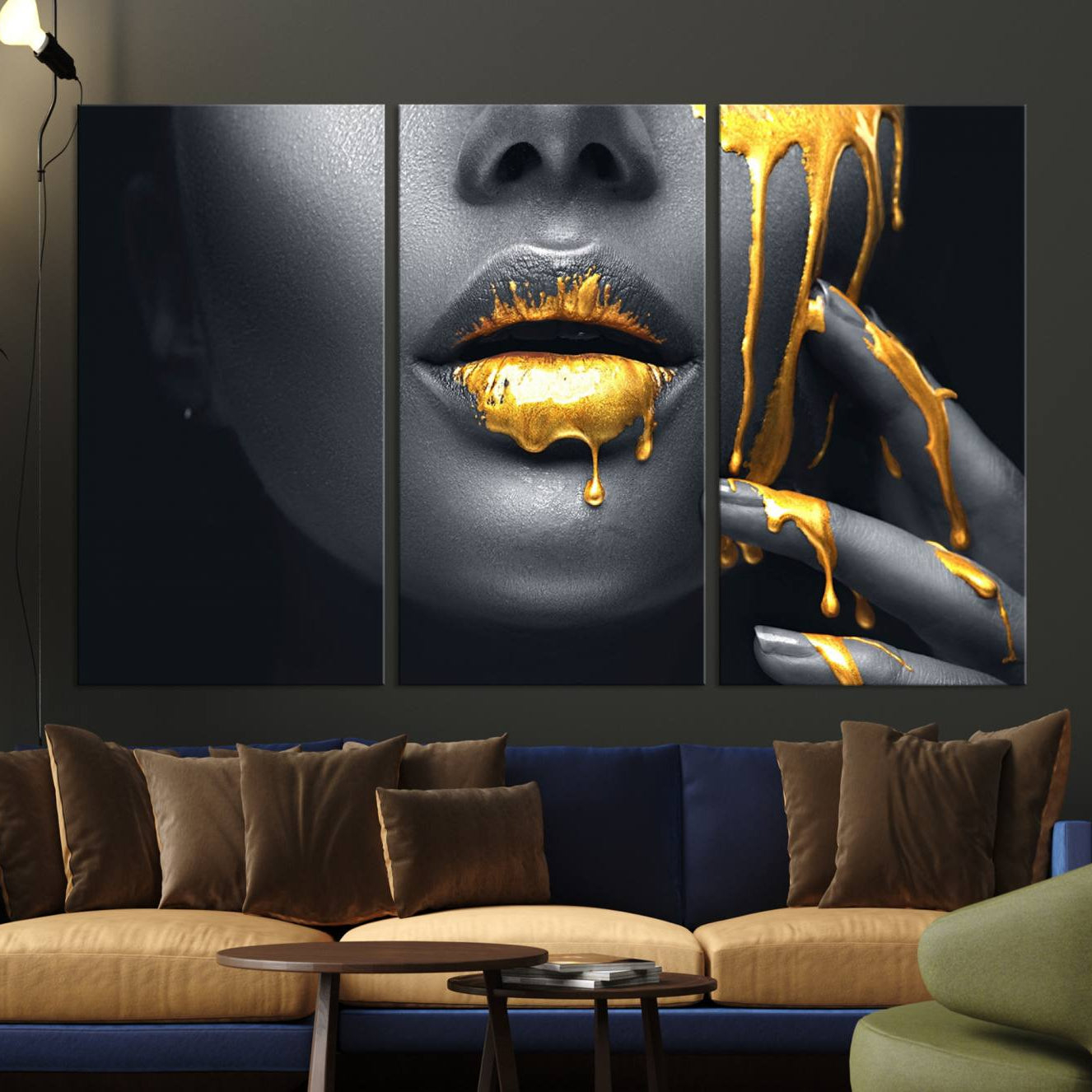 -Gold Lips and Black Woman Makeup Canvas Print, Black Woman with Gold Lips Print Wall Art