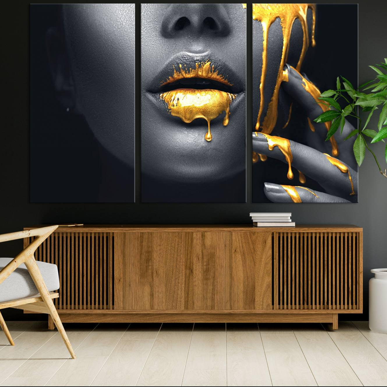 -Gold Lips and Black Woman Makeup Canvas Print, Black Woman with Gold Lips Print Wall Art