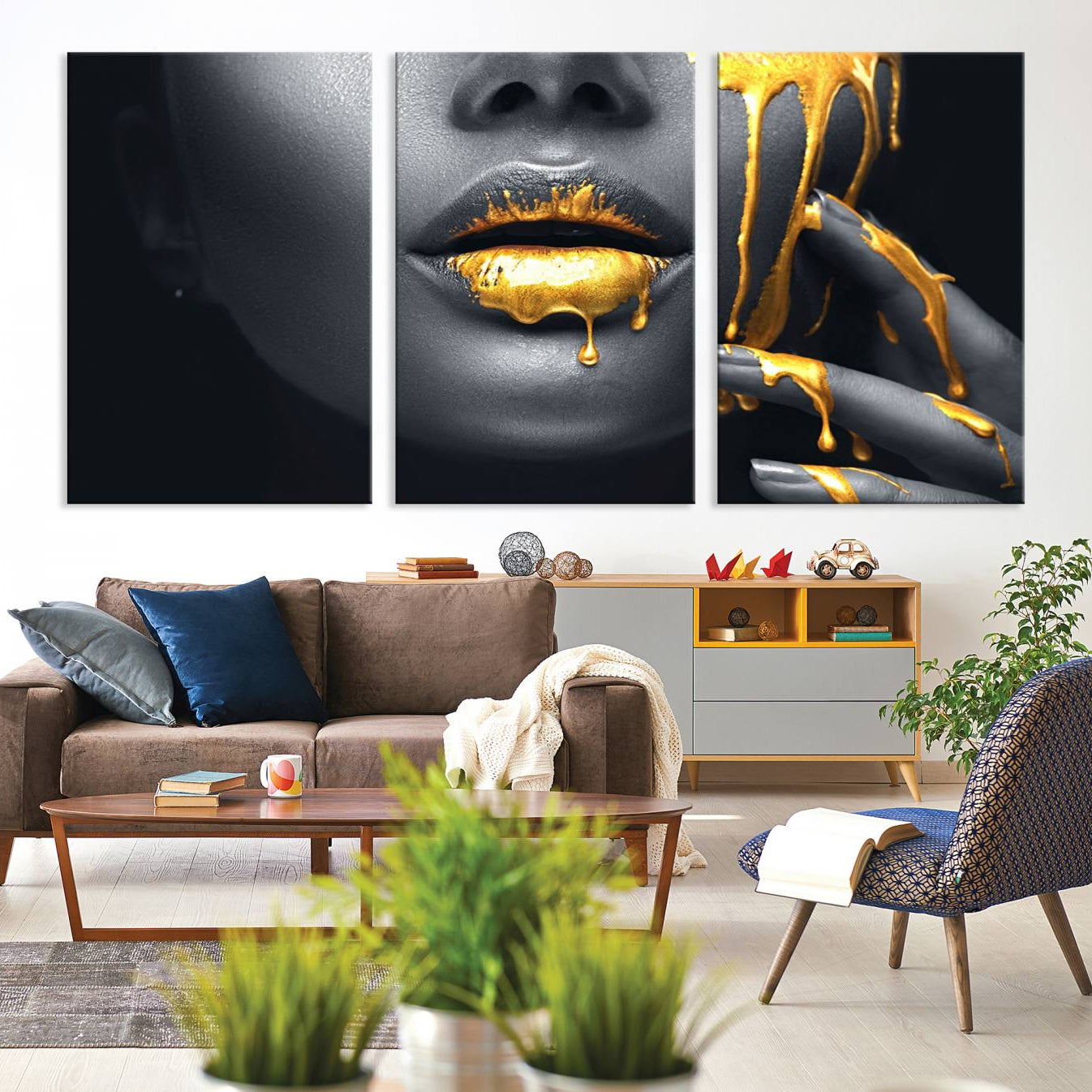 -Gold Lips and Black Woman Makeup Canvas Print, Black Woman with Gold Lips Print Wall Art