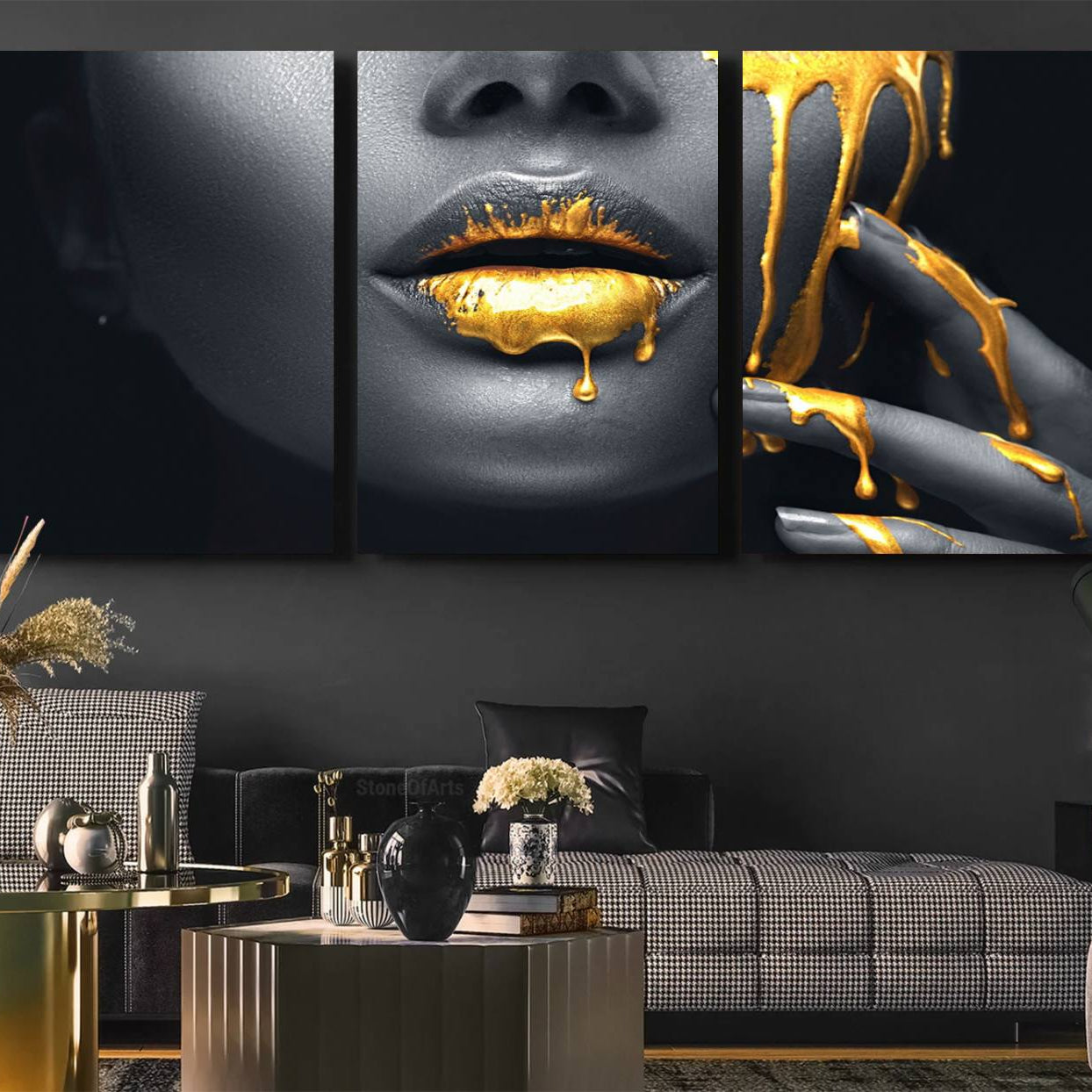 -Gold Lips and Black Woman Makeup Canvas Print, Black Woman with Gold Lips Print Wall Art