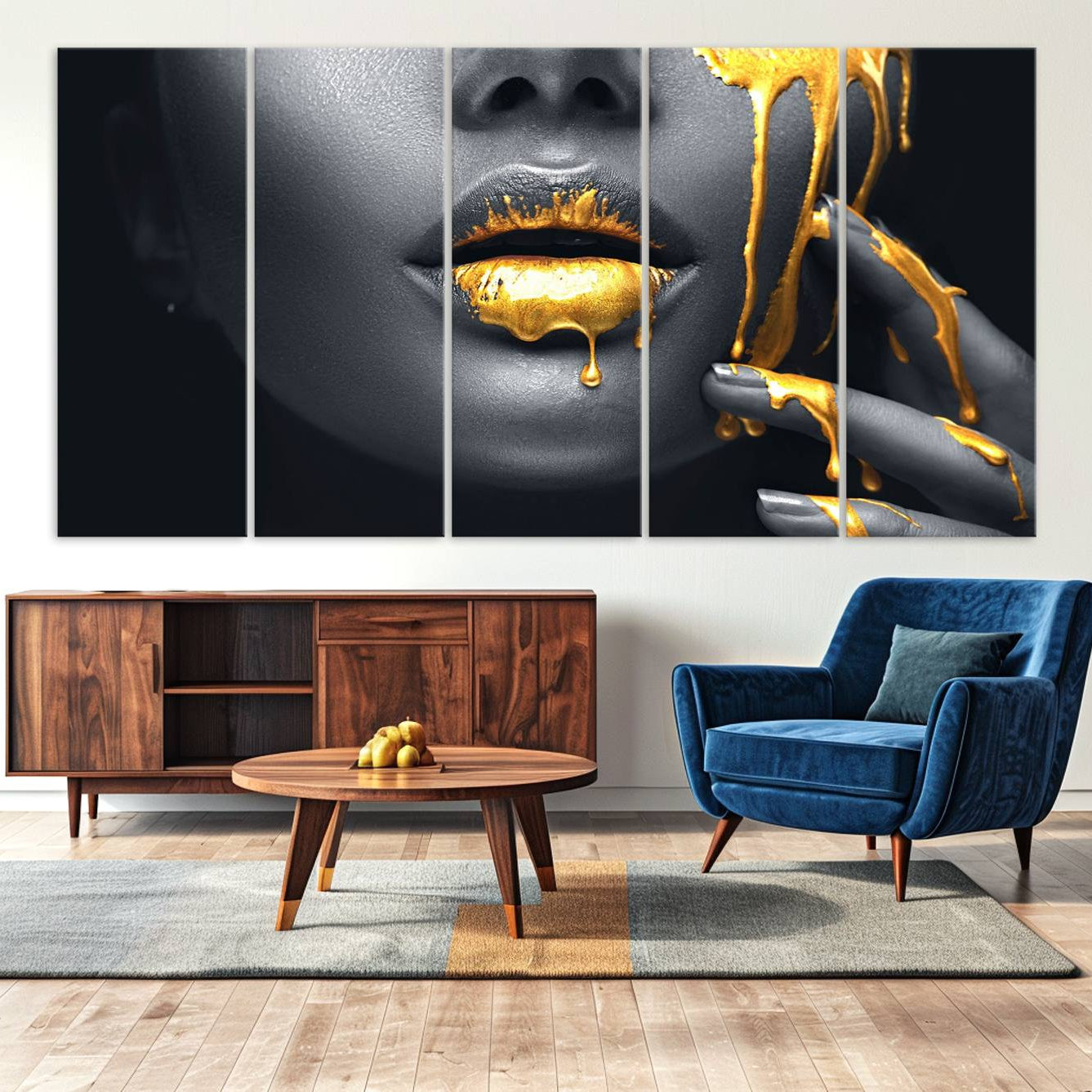-Gold Lips and Black Woman Makeup Canvas Print, Black Woman with Gold Lips Print Wall Art