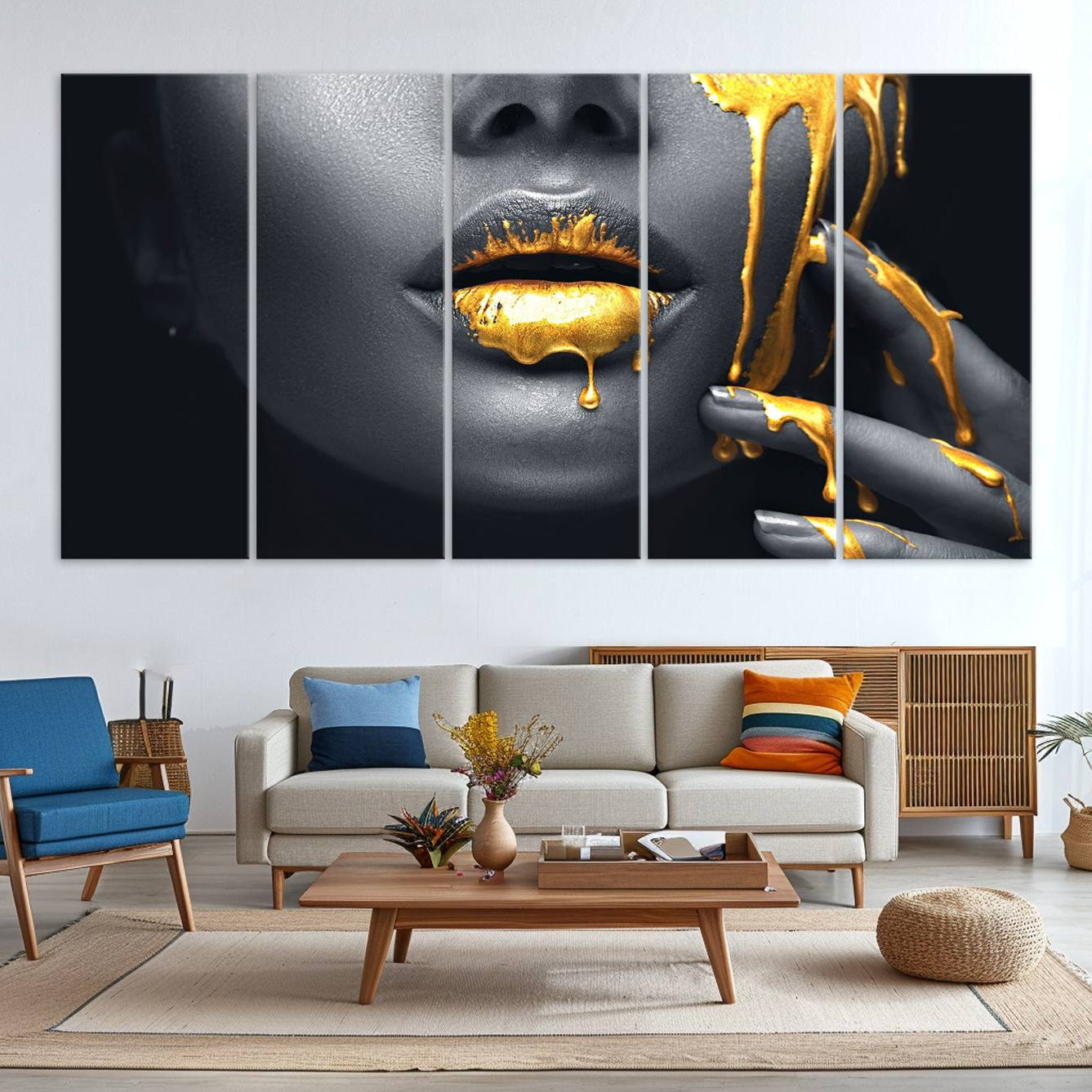 -Gold Lips and Black Woman Makeup Canvas Print, Black Woman with Gold Lips Print Wall Art
