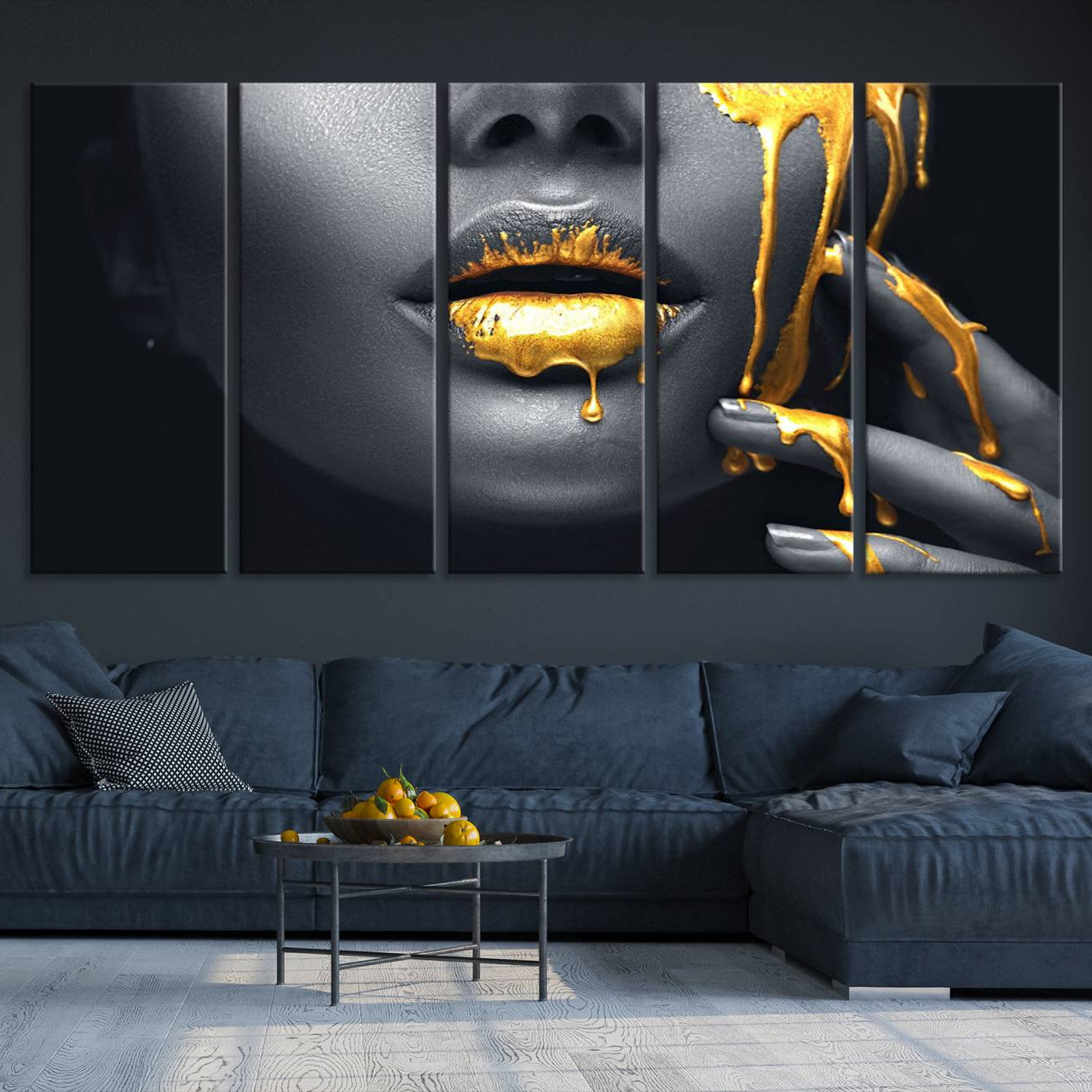 -Gold Lips and Black Woman Makeup Canvas Print, Black Woman with Gold Lips Print Wall Art