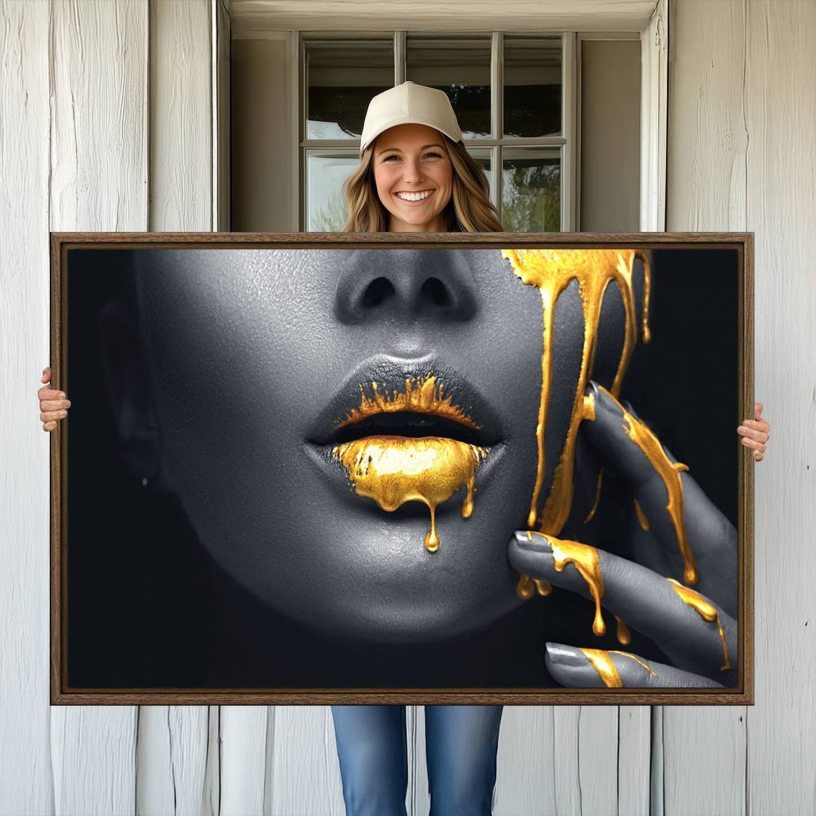 -Gold Lips and Black Woman Makeup Canvas Print, Black Woman with Gold Lips Print Wall Art