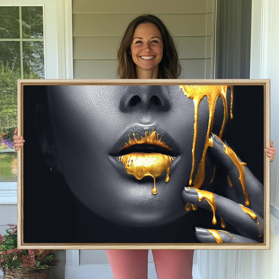 -Gold Lips and Black Woman Makeup Canvas Print, Black Woman with Gold Lips Print Wall Art