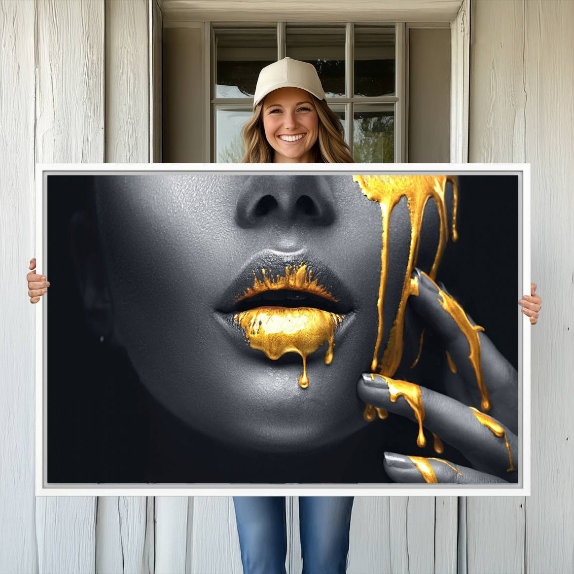 -Gold Lips and Black Woman Makeup Canvas Print, Black Woman with Gold Lips Print Wall Art