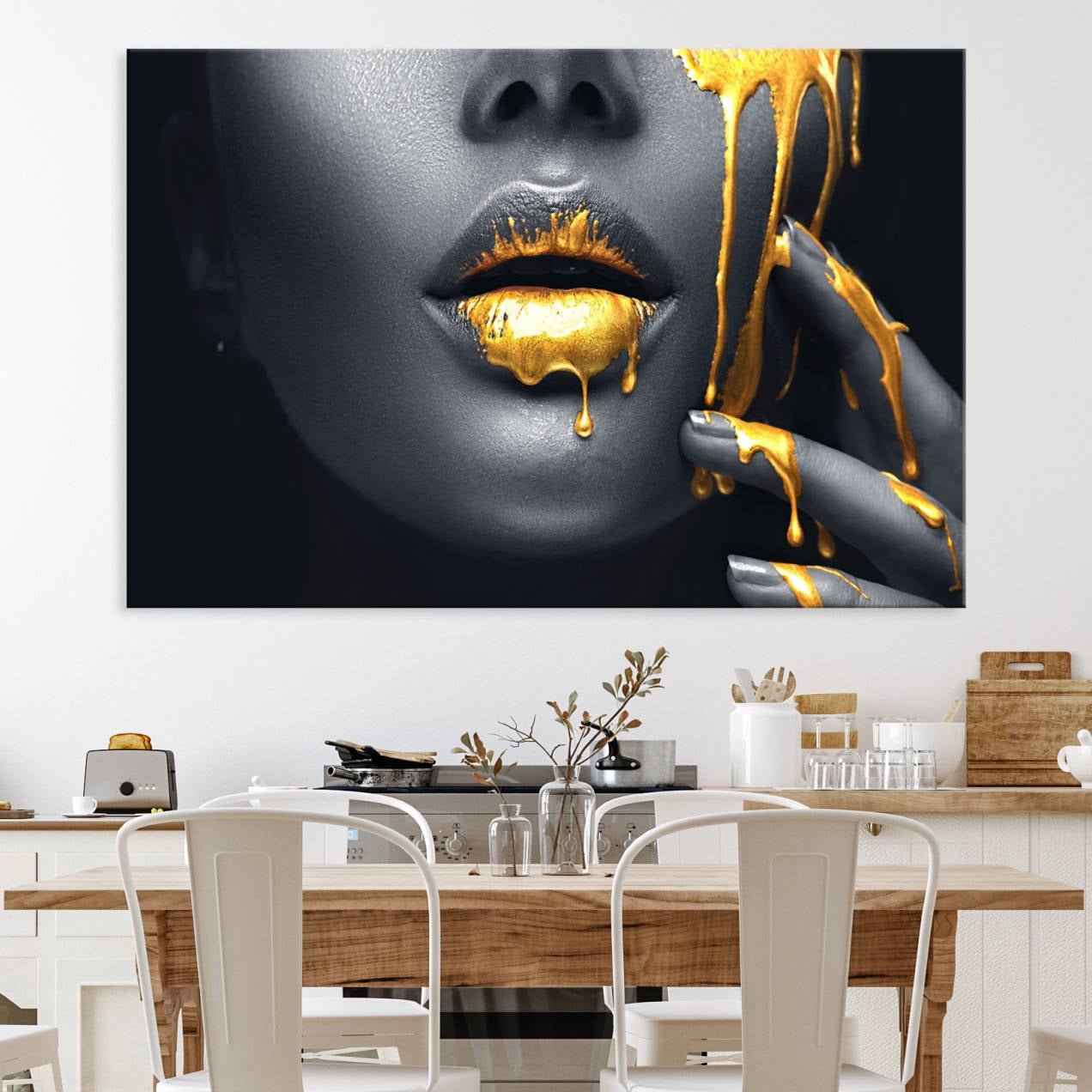 57101-MGV-CV-36X24-Gold Lips and Black Woman Makeup Canvas Print, Black Woman with Gold Lips Print Wall Art