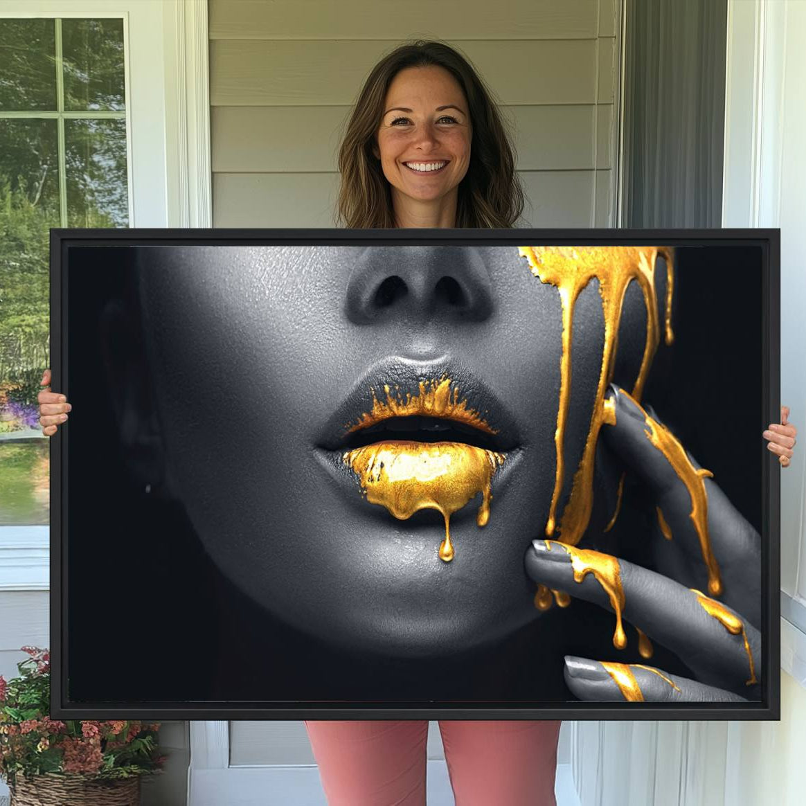 -Gold Lips and Black Woman Makeup Canvas Print, Black Woman with Gold Lips Print Wall Art