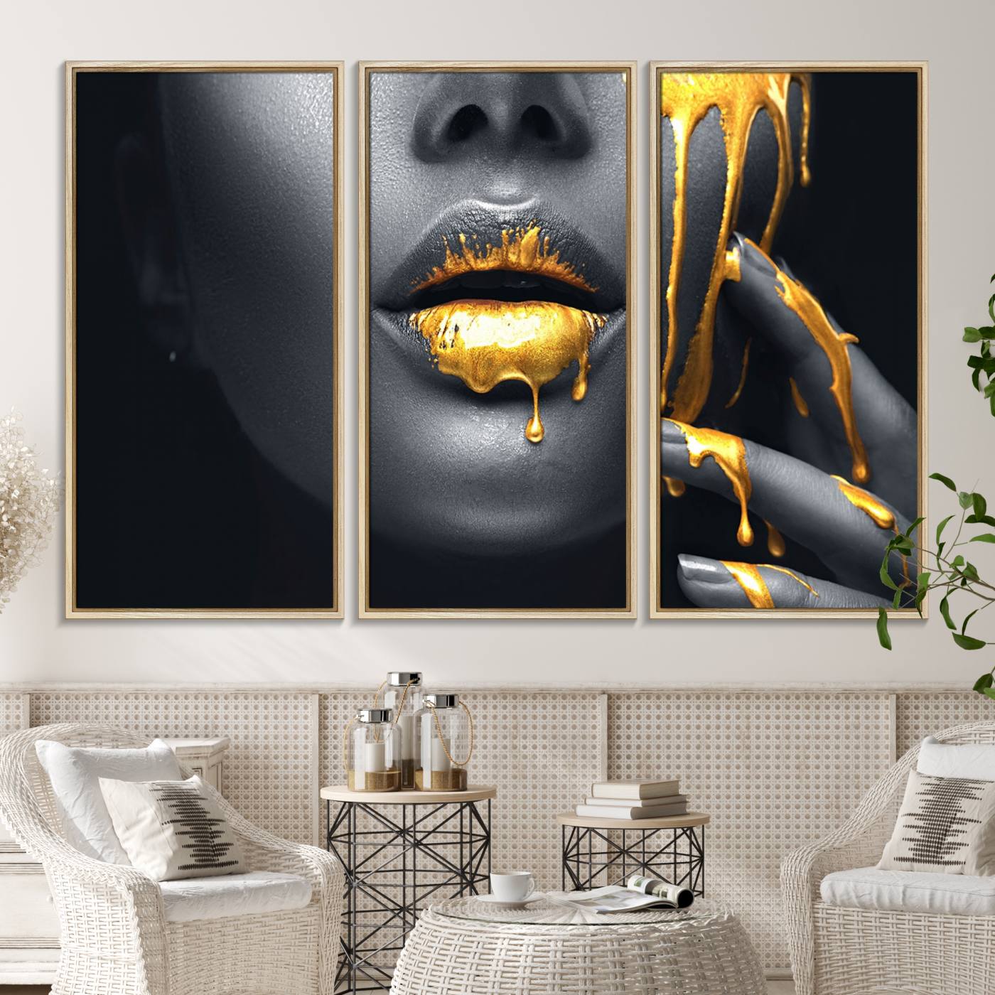 -Gold Lips and Black Woman Makeup Canvas Print, Black Woman with Gold Lips Print Wall Art
