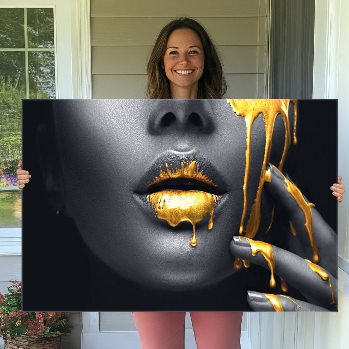 -Gold Lips and Black Woman Makeup Canvas Print, Black Woman with Gold Lips Print Wall Art