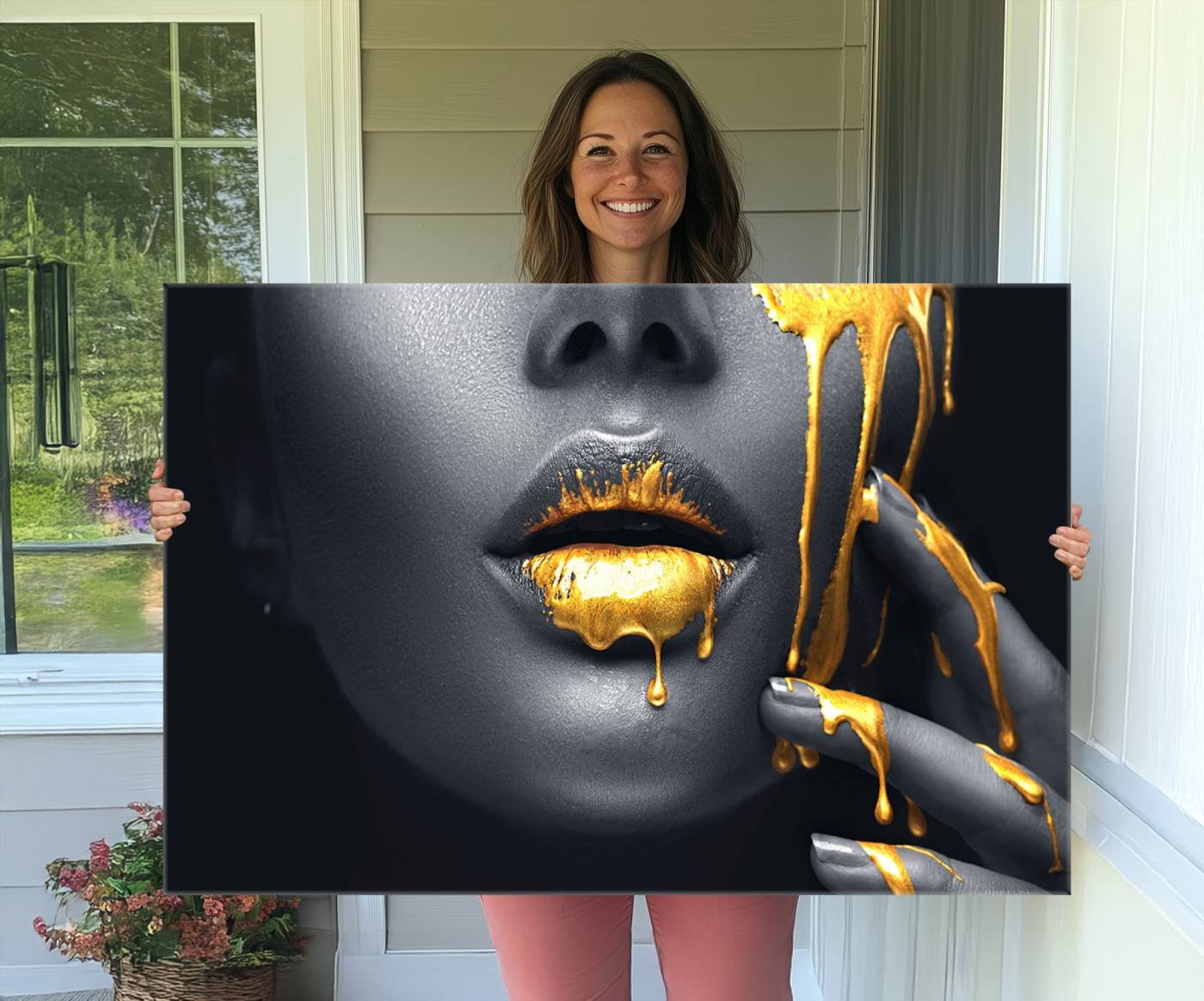 -Gold Lips and Black Woman Makeup Canvas Print, Black Woman with Gold Lips Print Wall Art