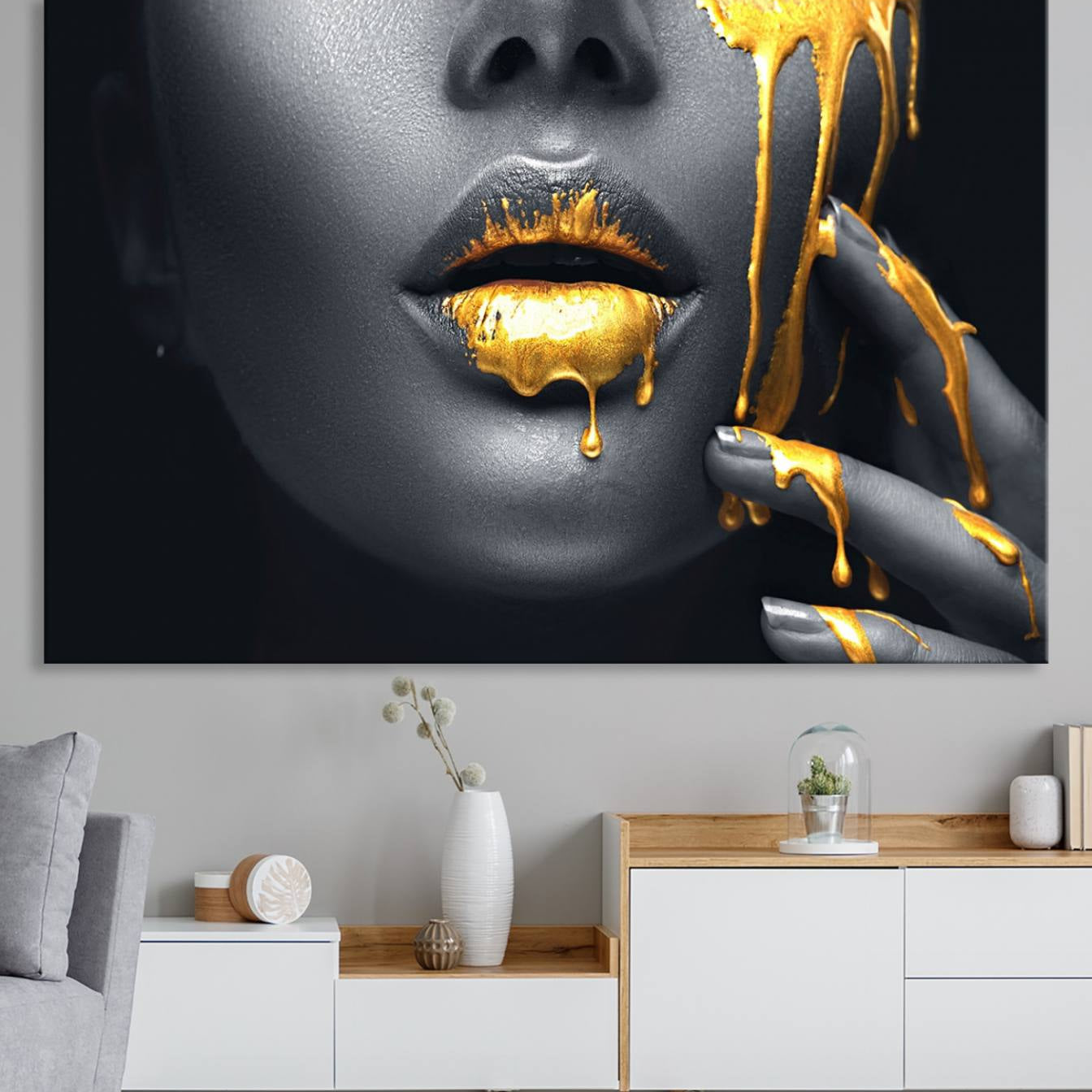 -Gold Lips and Black Woman Makeup Canvas Print, Black Woman with Gold Lips Print Wall Art