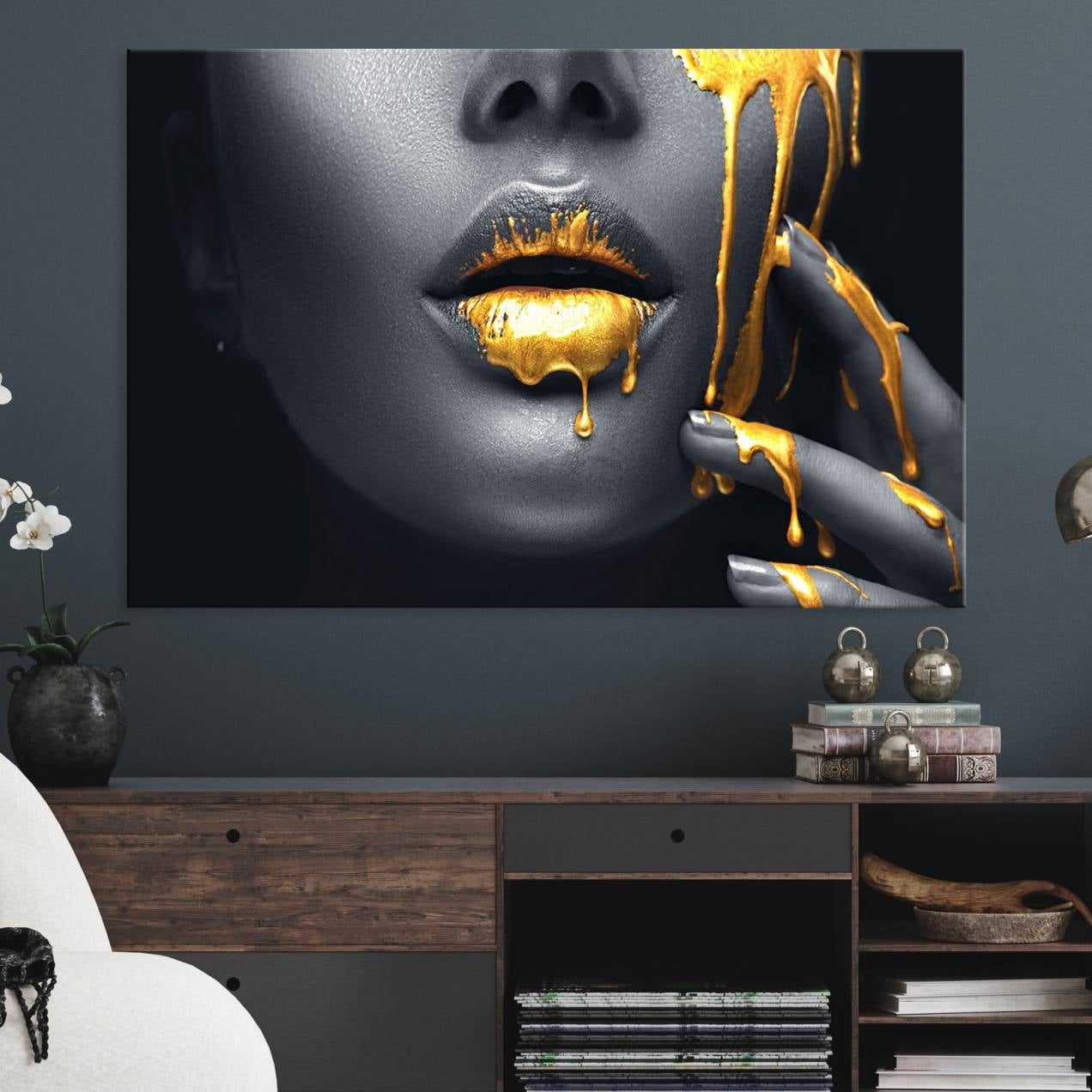 -Gold Lips and Black Woman Makeup Canvas Print, Black Woman with Gold Lips Print Wall Art