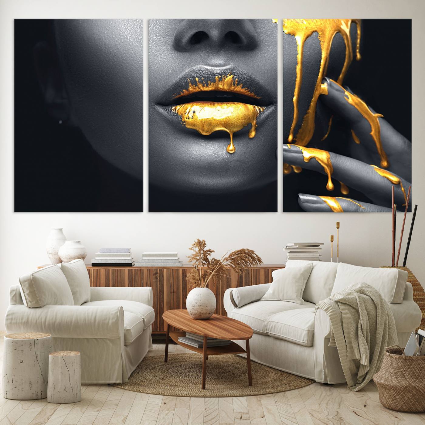 57101-MGV-CV-60X30-3P-Gold Lips and Black Woman Makeup Canvas Print, Black Woman with Gold Lips Print Wall Art