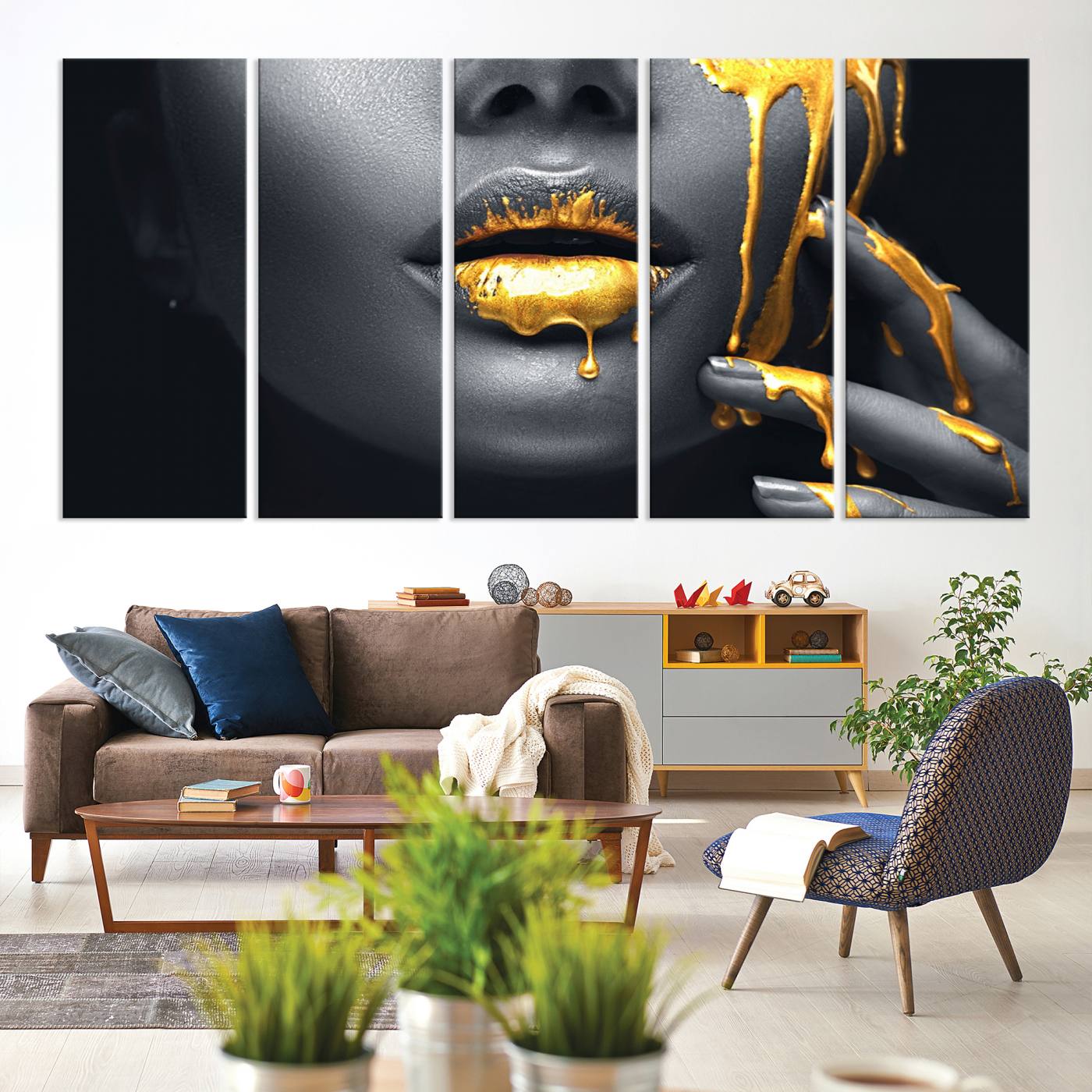 57101-MGV-CV-60X31-5P-Gold Lips and Black Woman Makeup Canvas Print, Black Woman with Gold Lips Print Wall Art