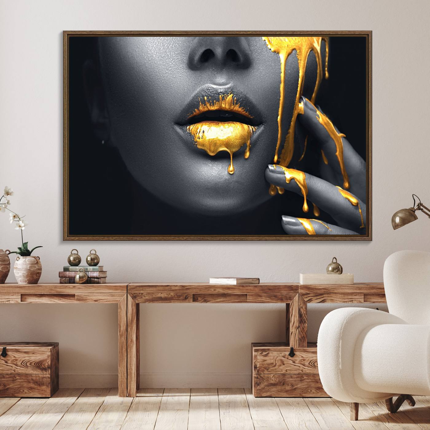 57101-MGV-FC-36X24_Walnut-Gold Lips and Black Woman Makeup Canvas Print, Black Woman with Gold Lips Print Wall Art